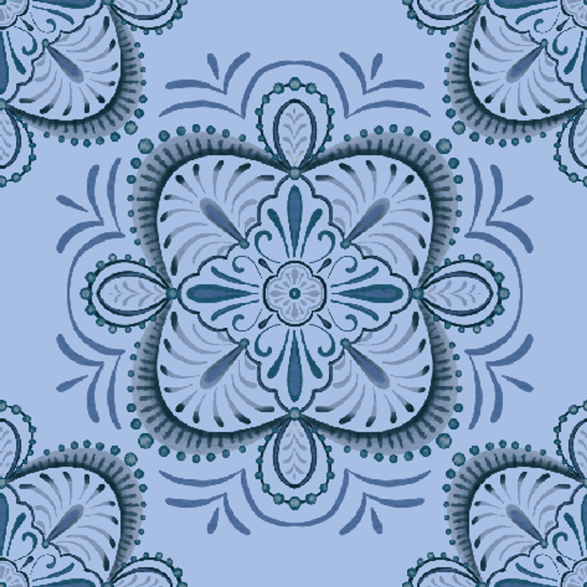 Symmetrical floral mandala pattern in layered blue tones with hand-drawn botanical details, designed by Nicole Tamarin. tiled preview square