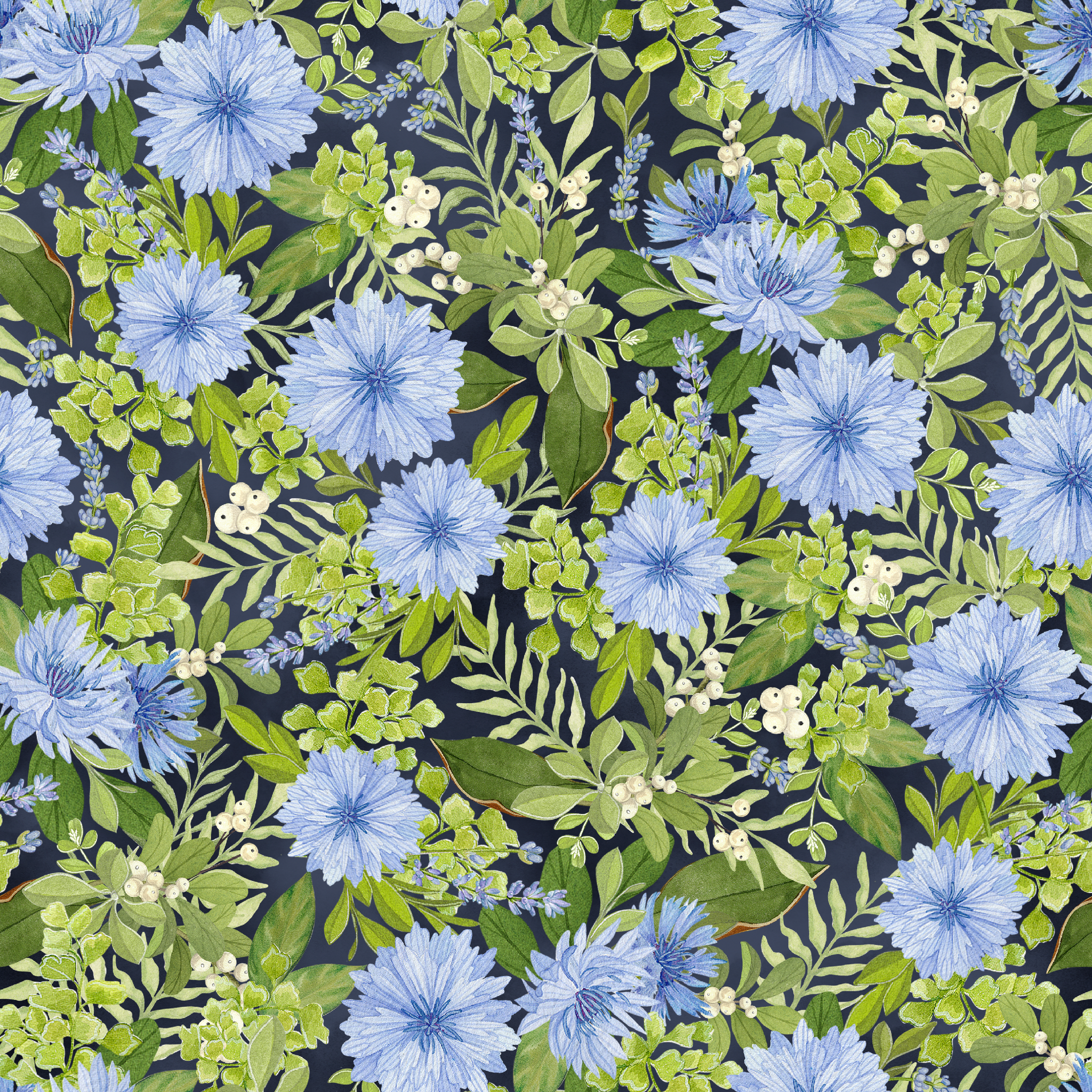 Beautiful floral pattern with light blue cornflowers and vibrant green leaves and foliage tiled preview square