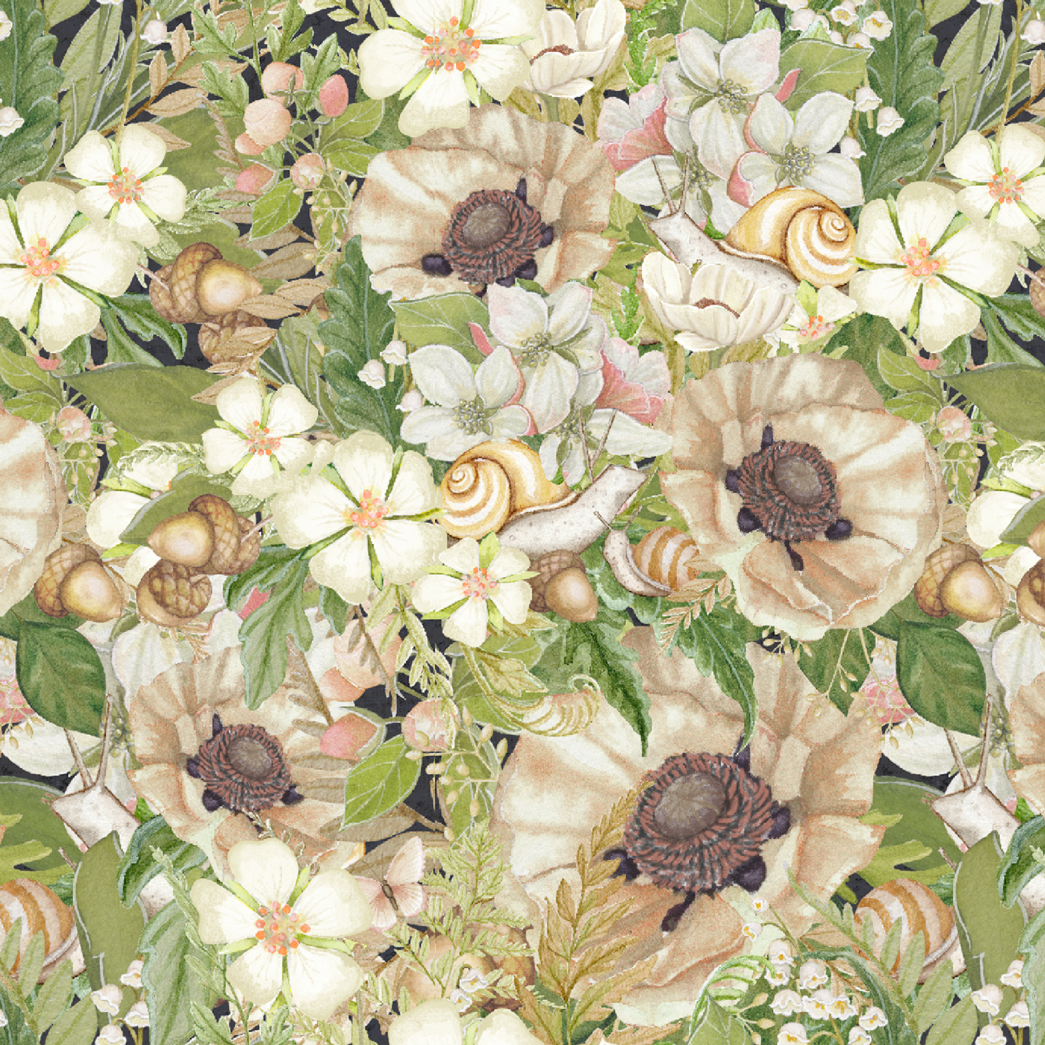 Botanical pattern by Nicole Tamarin featuring cream poppies, snails, acorns, and soft green leaves in an earthy woodland layout. tiled preview square