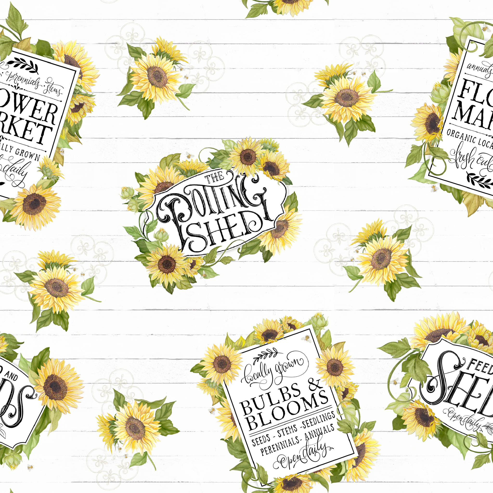 Watercolor sunflower clusters with vintage-style gardening labels on a white shiplap background, designed by Nicole Tamarin. tiled preview square