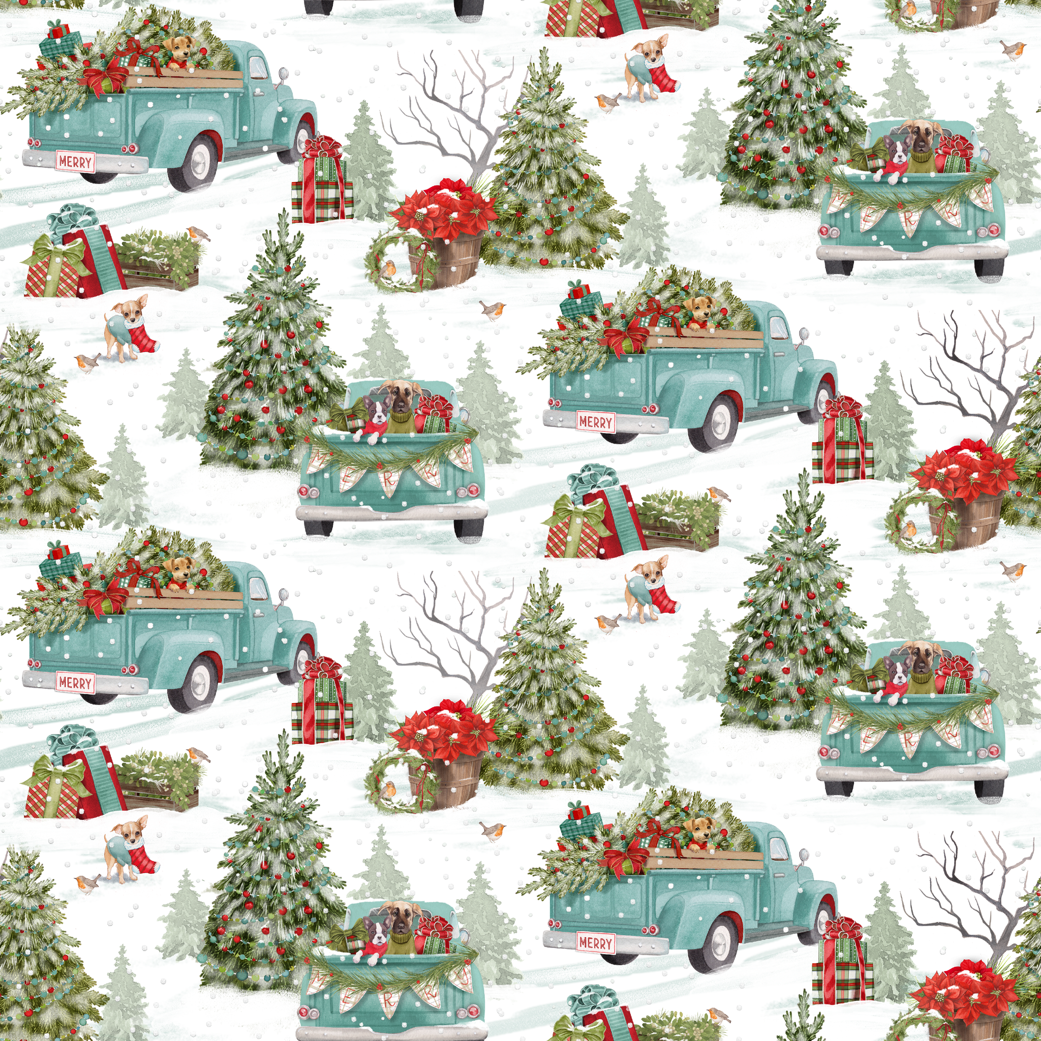 Vintage-style holiday fabric by Nicole Tamarin featuring teal trucks with Christmas trees, dogs, snow, and gifts in a festive winter landscape. tiled preview square