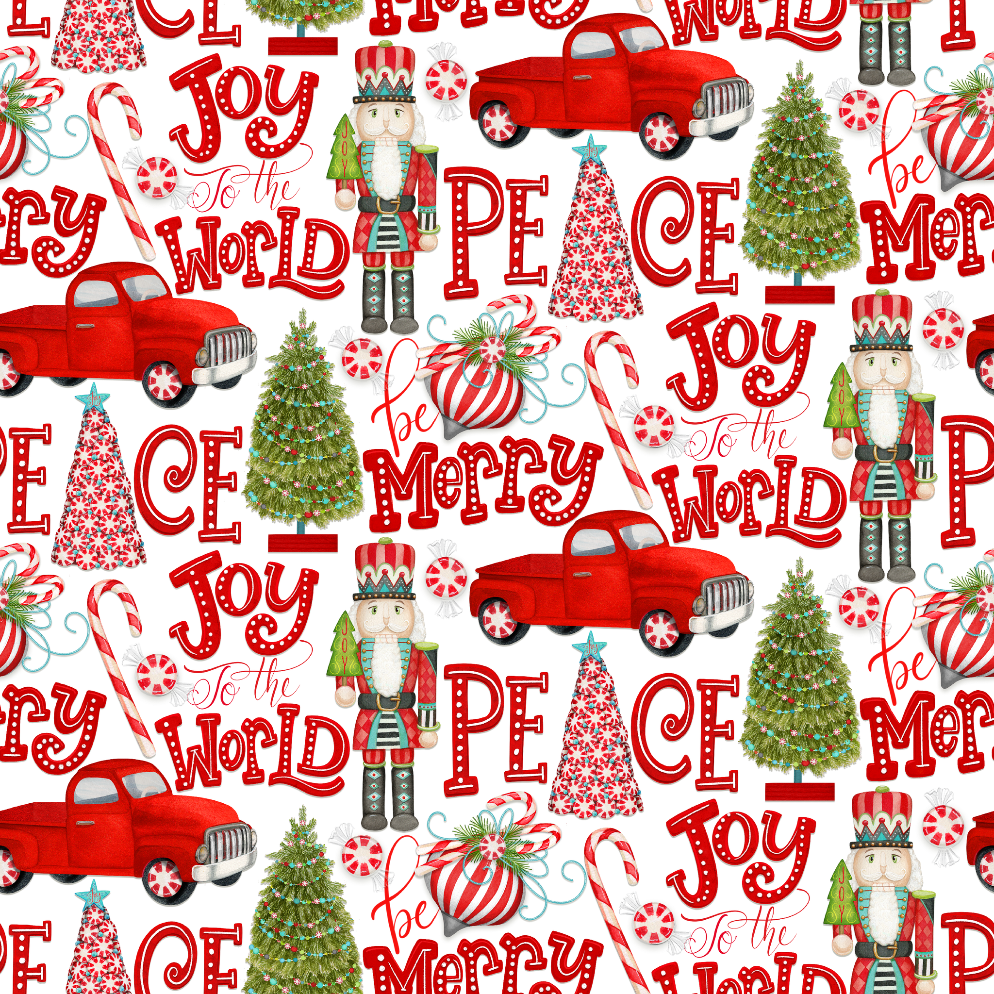 Holiday pattern featuring red trucks, nutcrackers, candy canes, Christmas trees, and festive lettering on a white background by Nicole Tamarin. tiled preview square