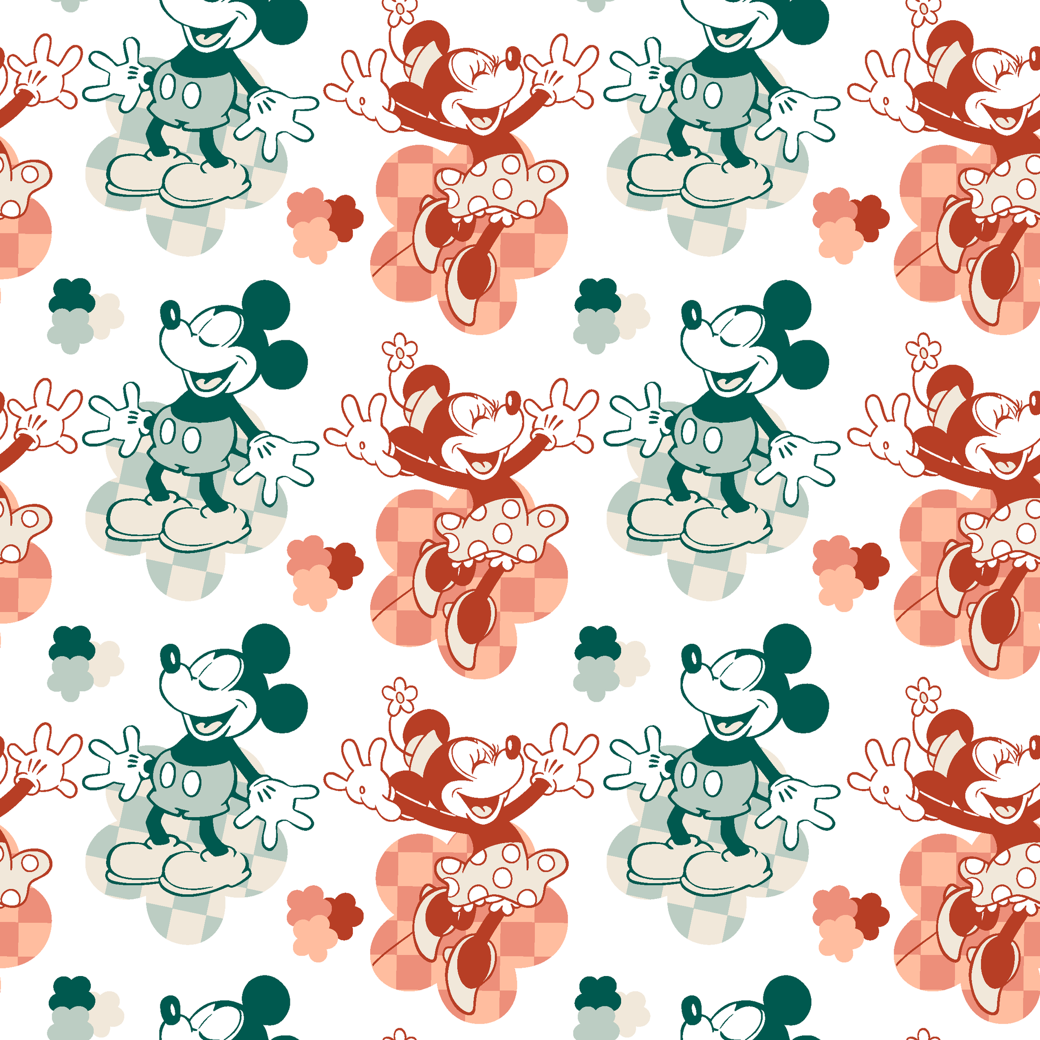 Repeating pattern of vintage-style cartoon characters in green and red-orange tones on white background tiled preview square