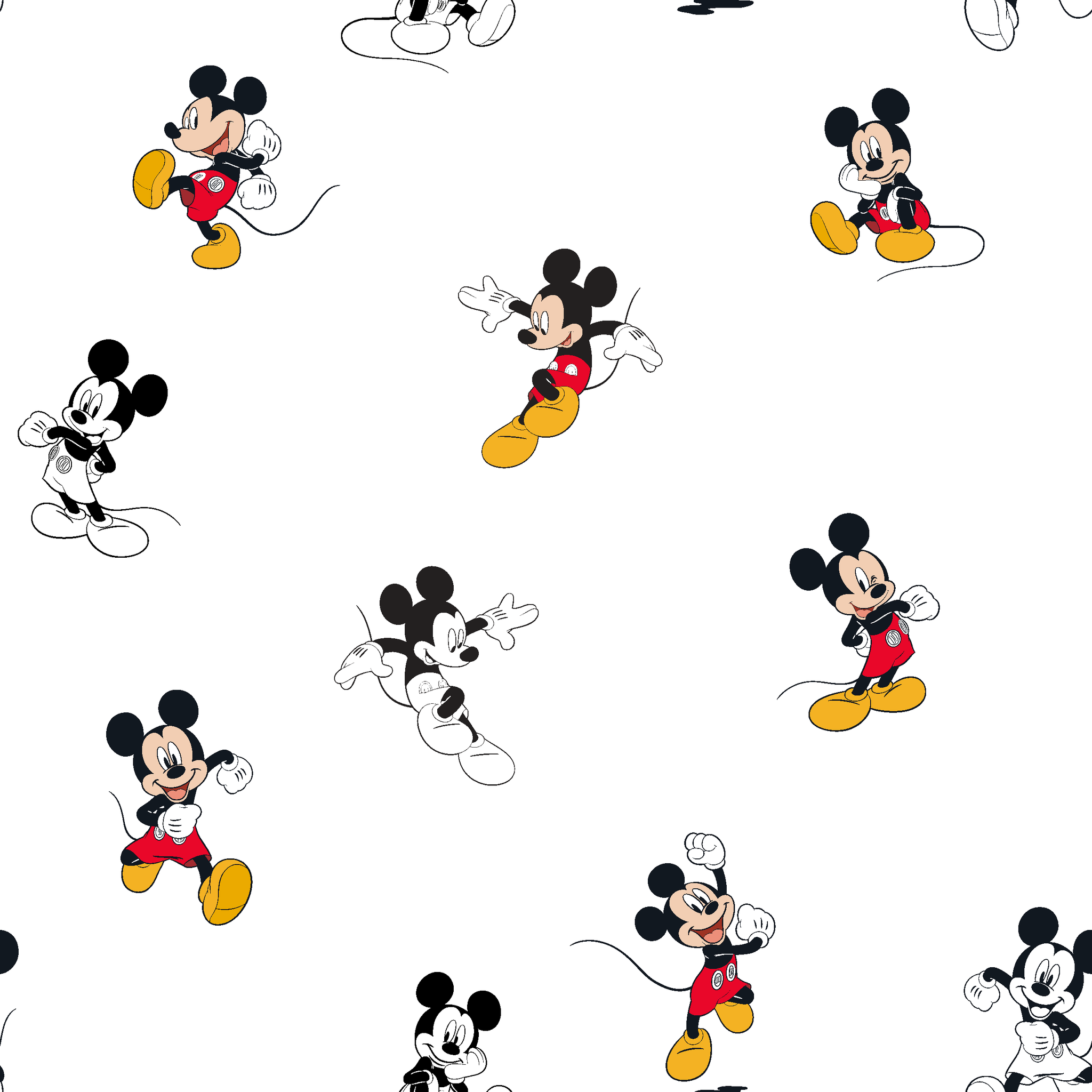 Repeating pattern of Mickey Mouse cartoon characters in various poses on white background tiled preview square