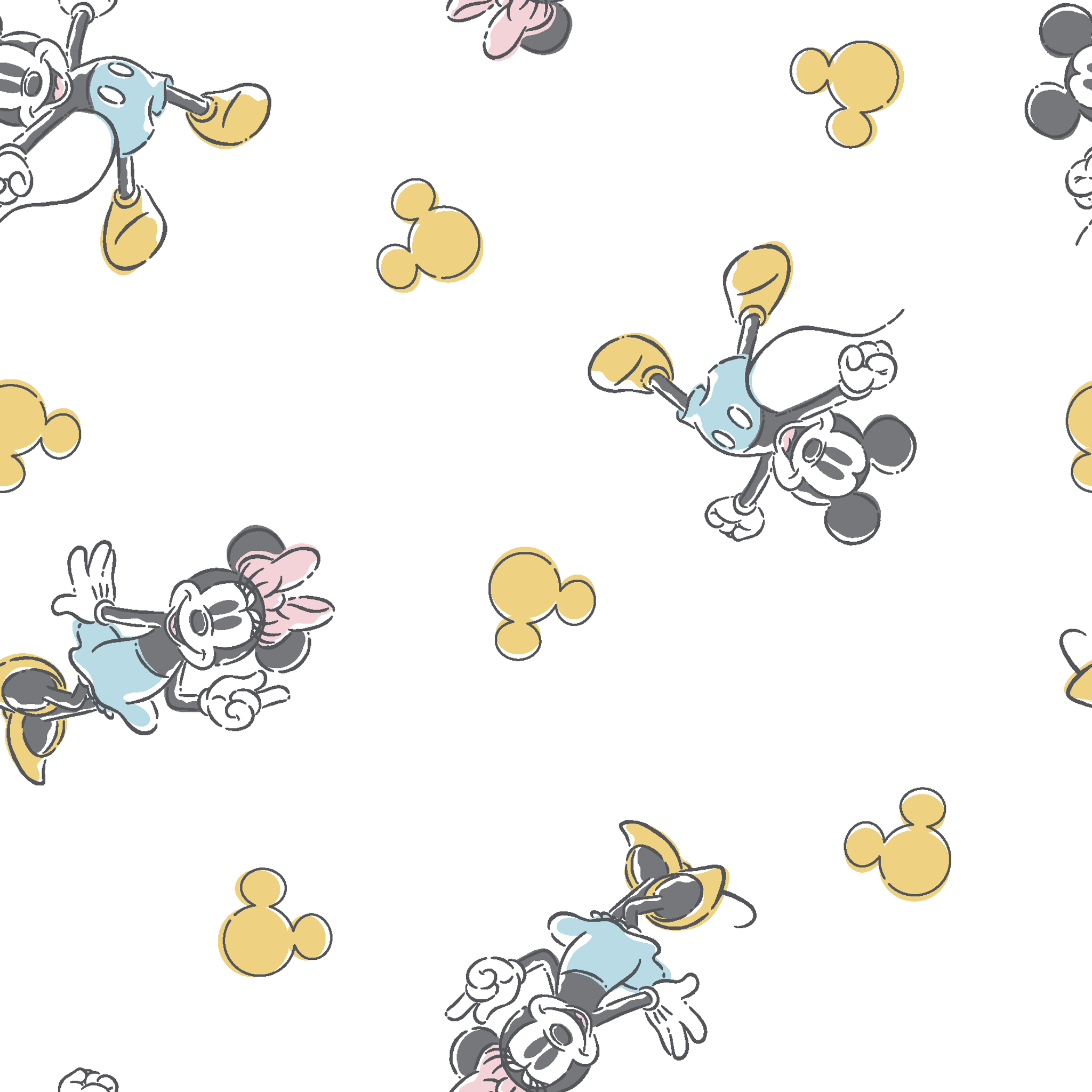 Mickey Mouse characters in light blue outfits scattered on white background with yellow Mickey silhouettes tiled preview square