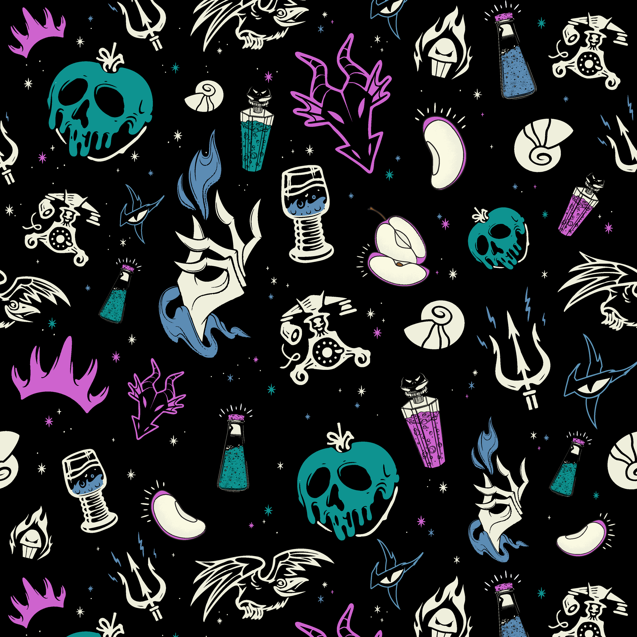Gothic pattern with Disney villain-inspired icons like skulls, potions, and flames in teal, purple, and blue on black background. tiled preview square