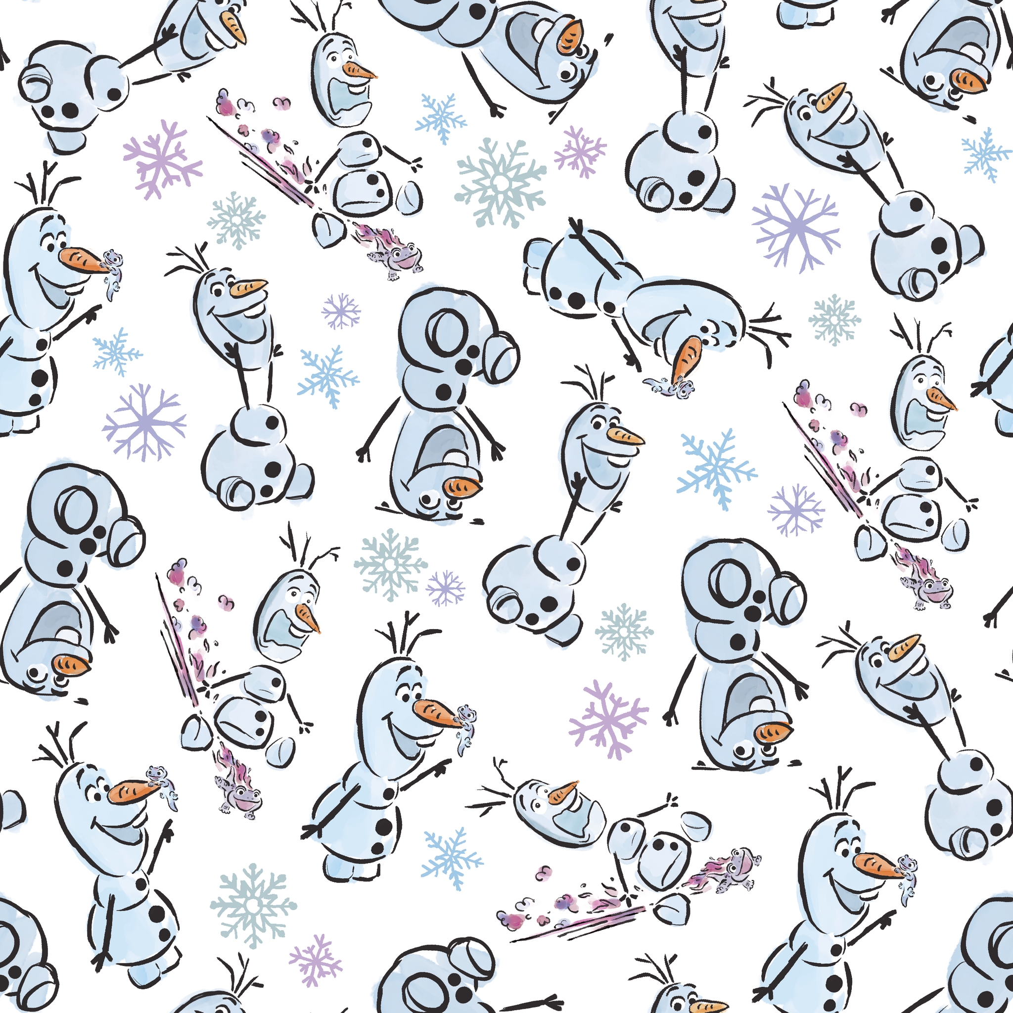 Cartoon snowman characters with carrots noses scattered on light blue background with snowflakes tiled preview square