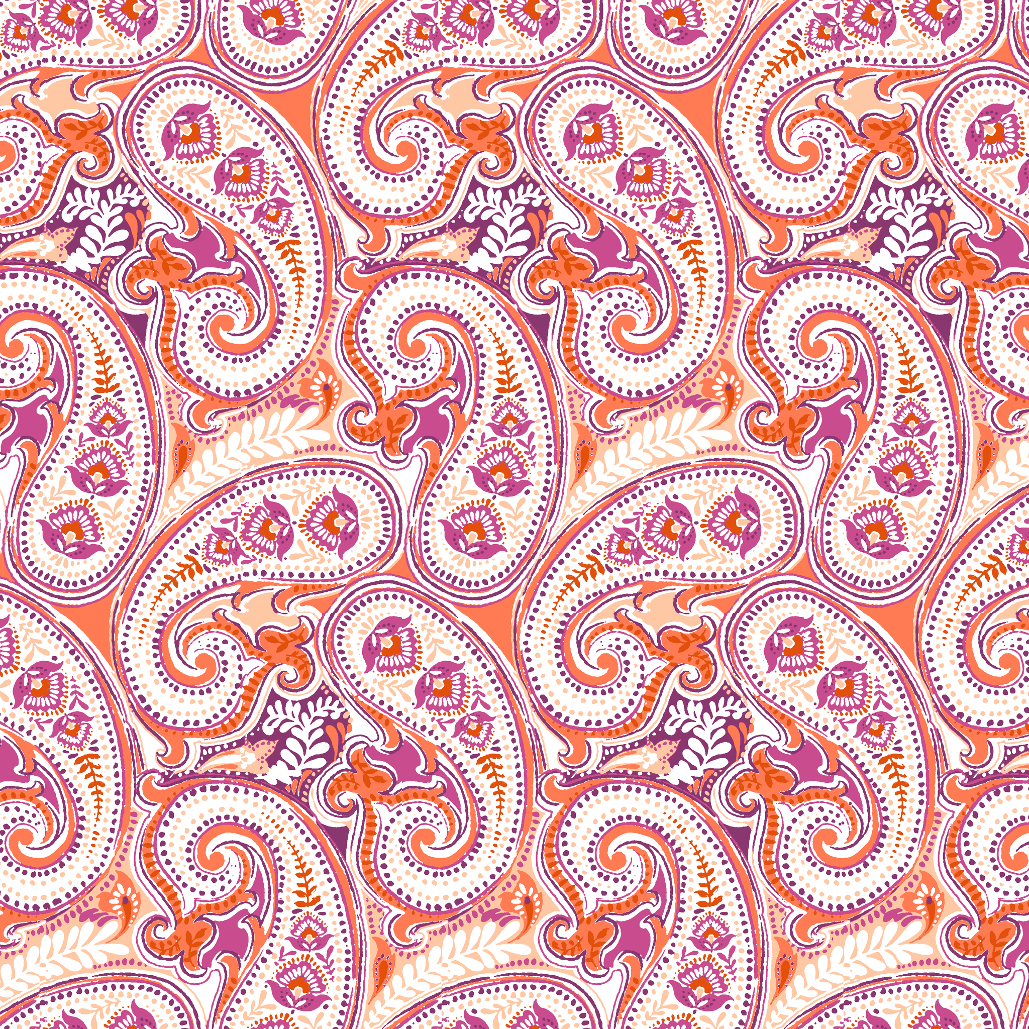 Vibrant paisley pattern in orange, pink and purple with swirling teardrop motifs and ornate details tiled preview square