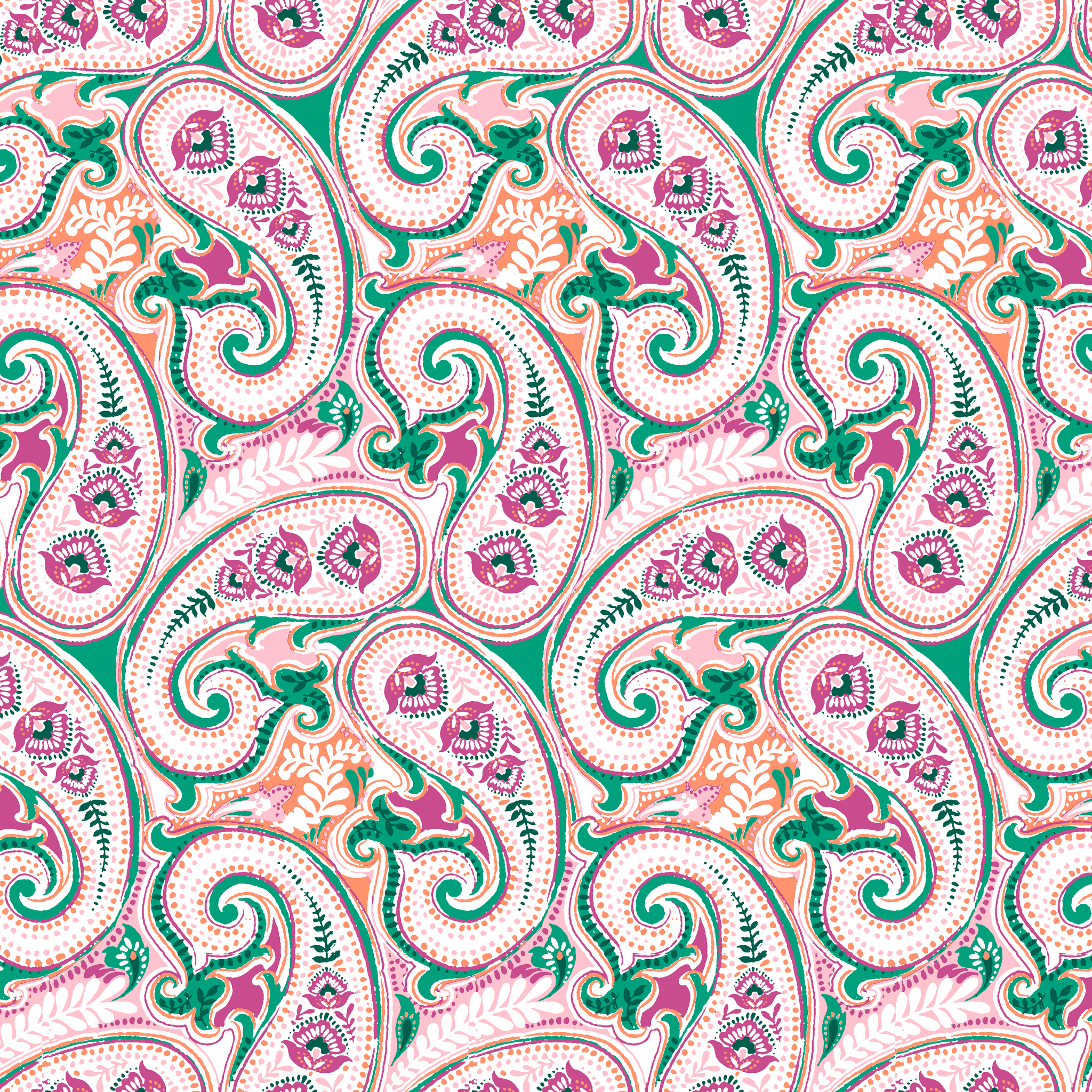 Colorful paisley pattern with swirling teardrop shapes in pink, green, and orange on light background tiled preview square