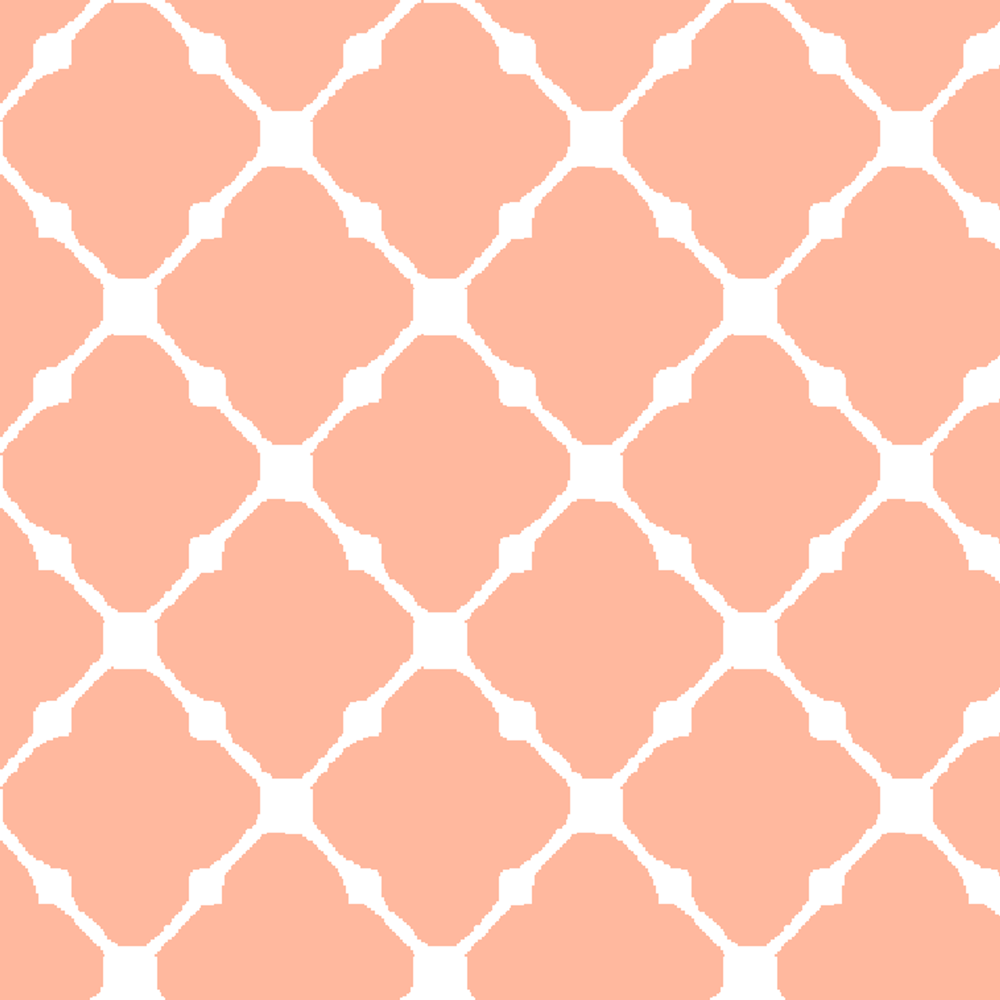 Peach and white quatrefoil pattern with regular geometric shapes in a lattice arrangement tiled preview square