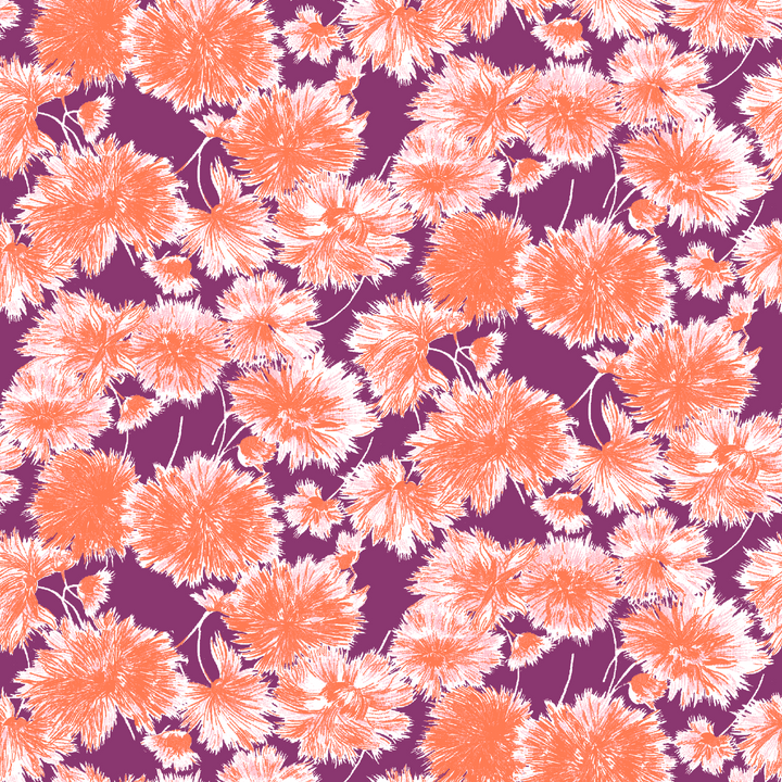 Vibrant floral pattern with orange and white chrysanthemum-like blooms on deep purple background tiled preview square