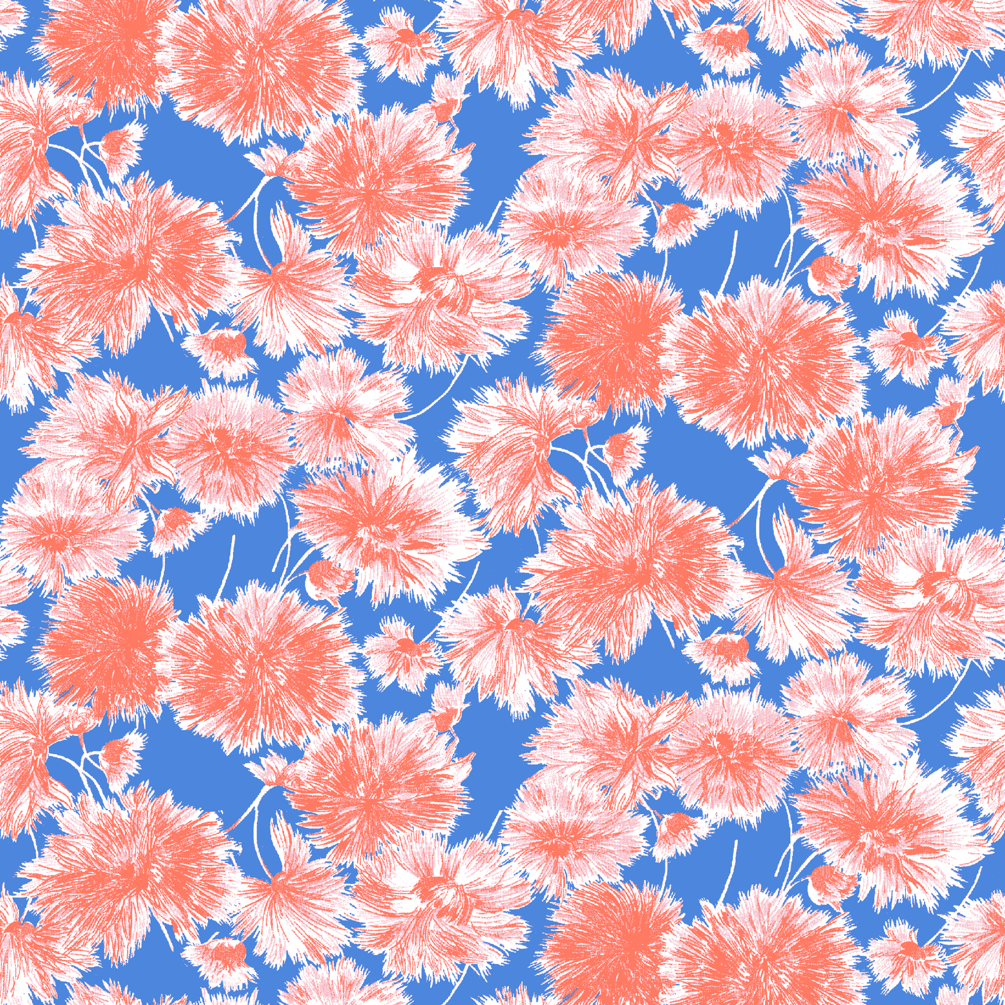 Coral pink floral pattern of chrysanthemums or dahlias on bright blue background tiled preview square