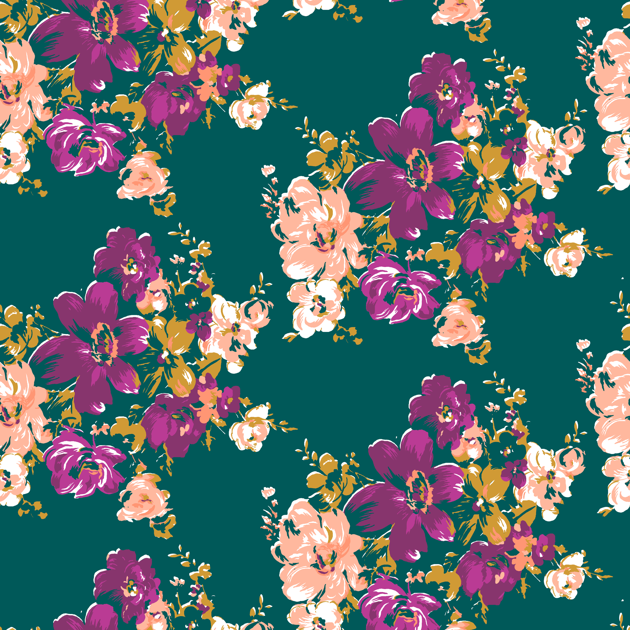 Vibrant floral pattern with purple and peach flowers on a deep teal background tiled preview square