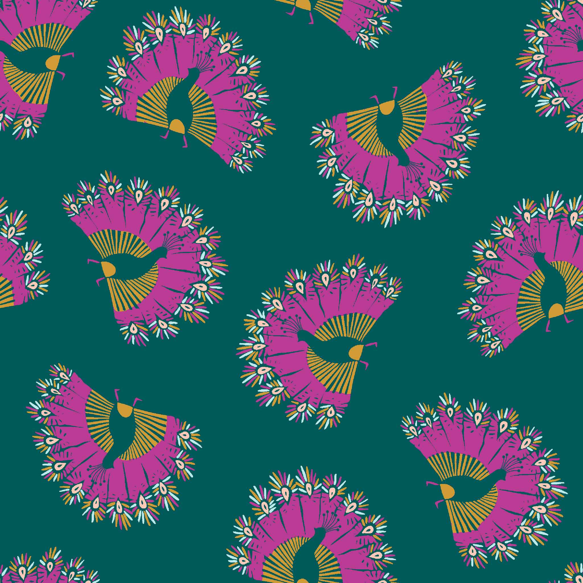 Vibrant pattern of pink circular bursts with yellow-green bird silhouettes on teal background tiled preview square
