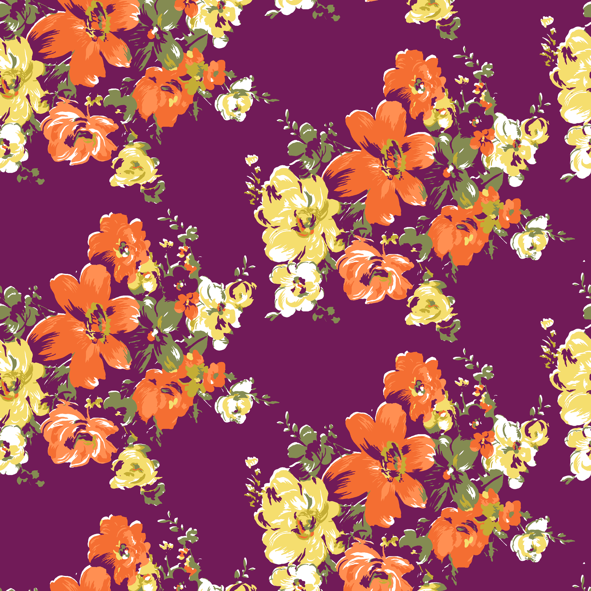 Vibrant floral pattern with orange and yellow blooms against a deep purple background tiled preview square