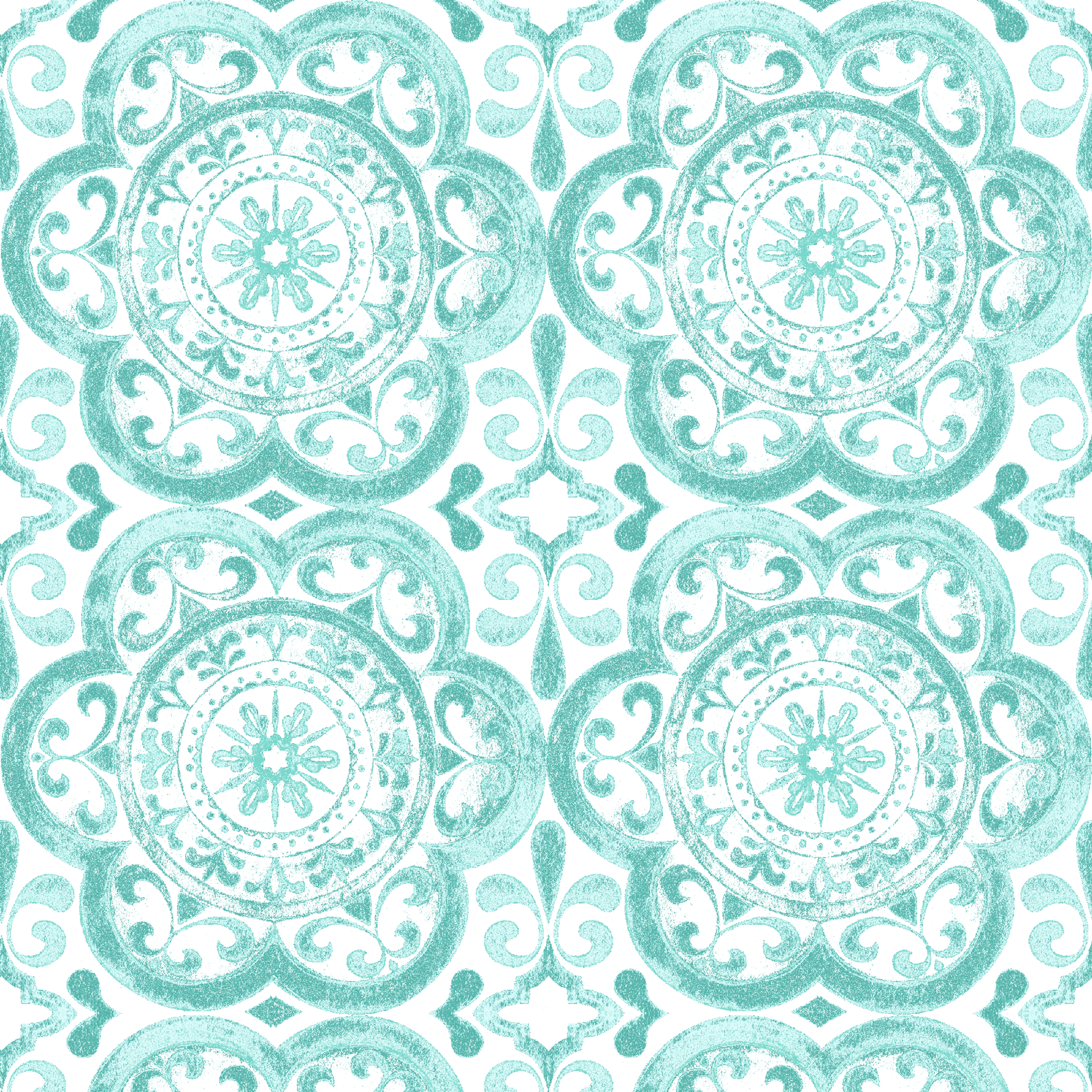 Teal medallion tile-inspired design with intricate floral and scroll details by Nicole Tamarin, from the Squeeze the Day collection. tiled preview square