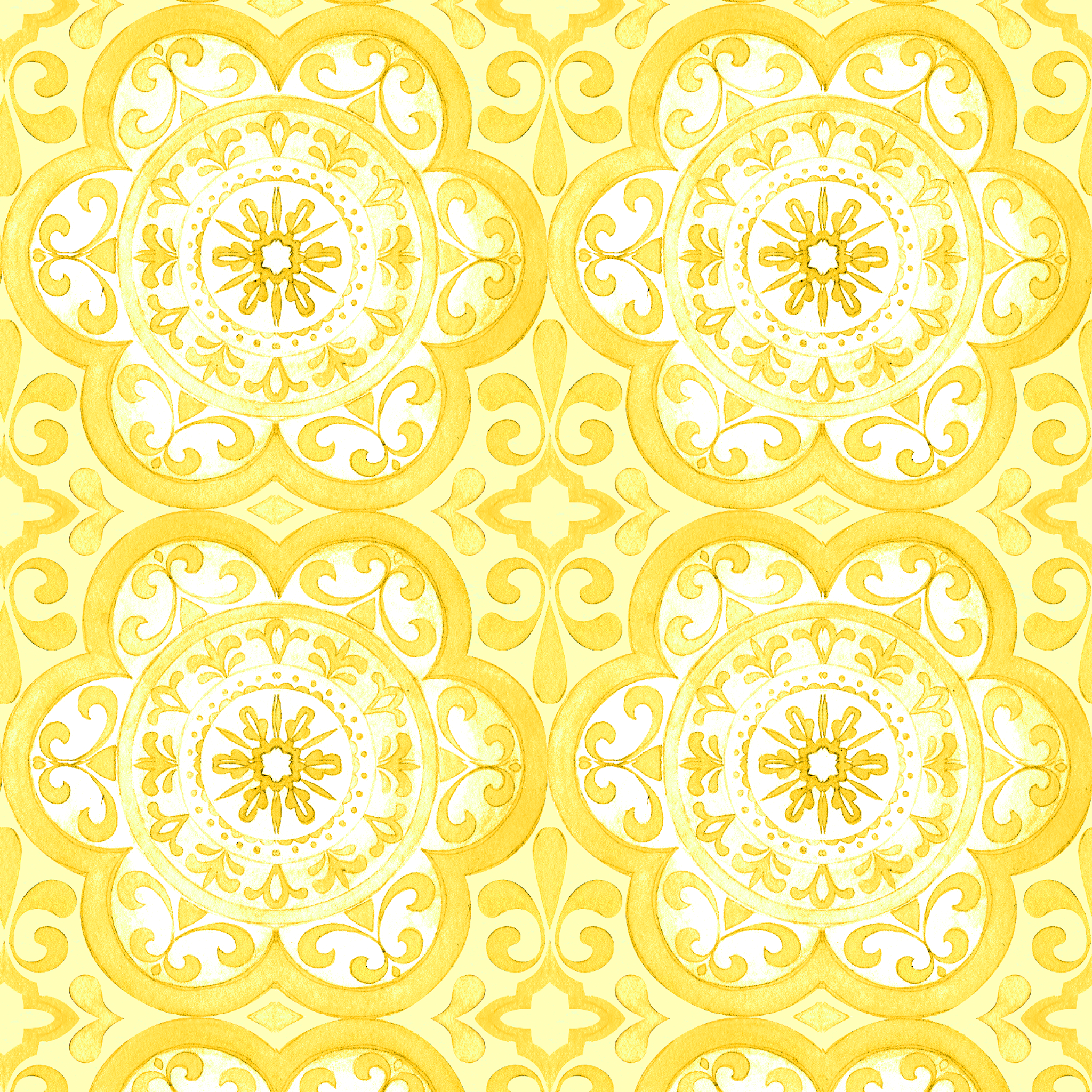 Bright yellow decorative pattern with white floral medallions in repeating ornamental design tiled preview square