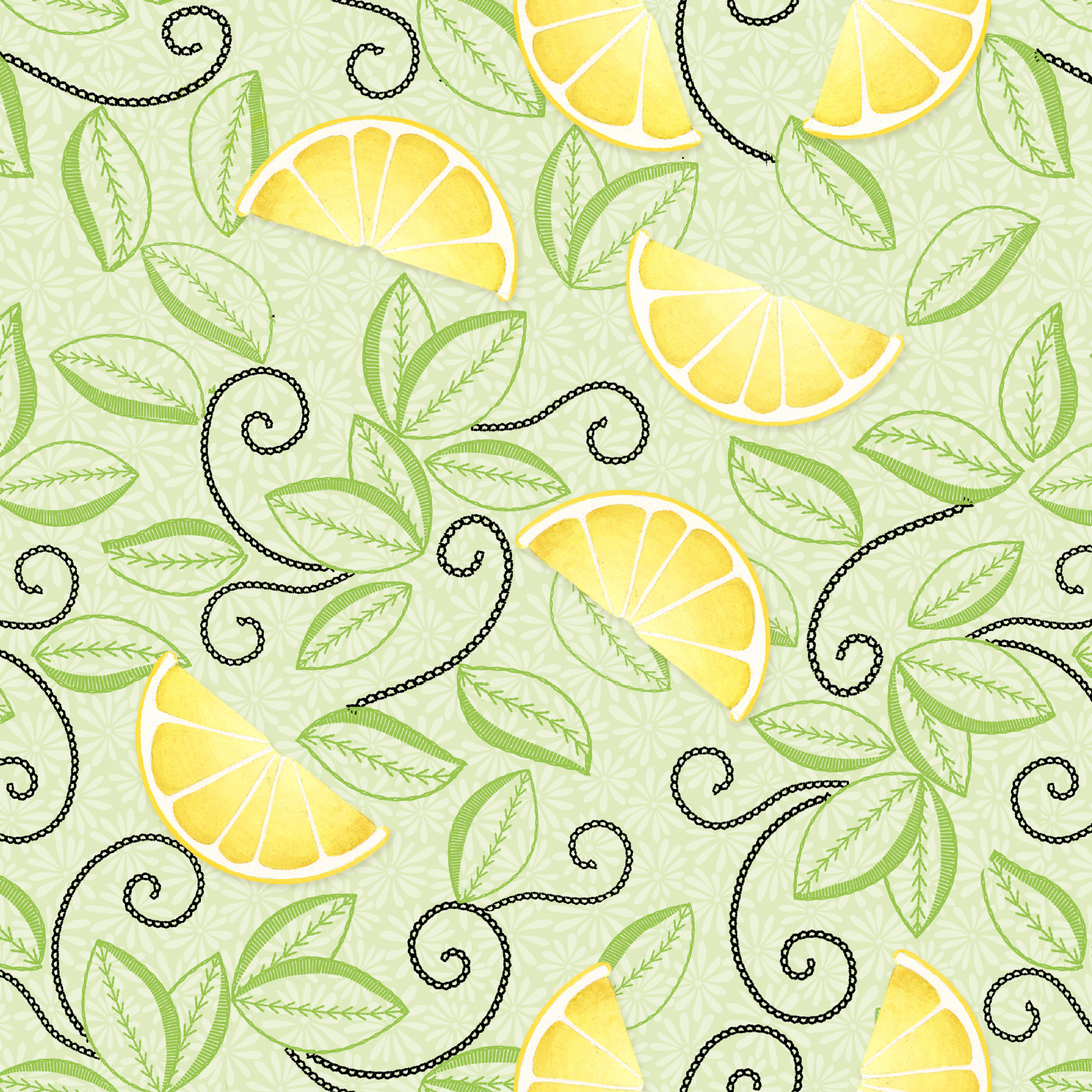 Yellow lemon slices with swirling green leaves on a soft green background in a playful, fresh layout. tiled preview square