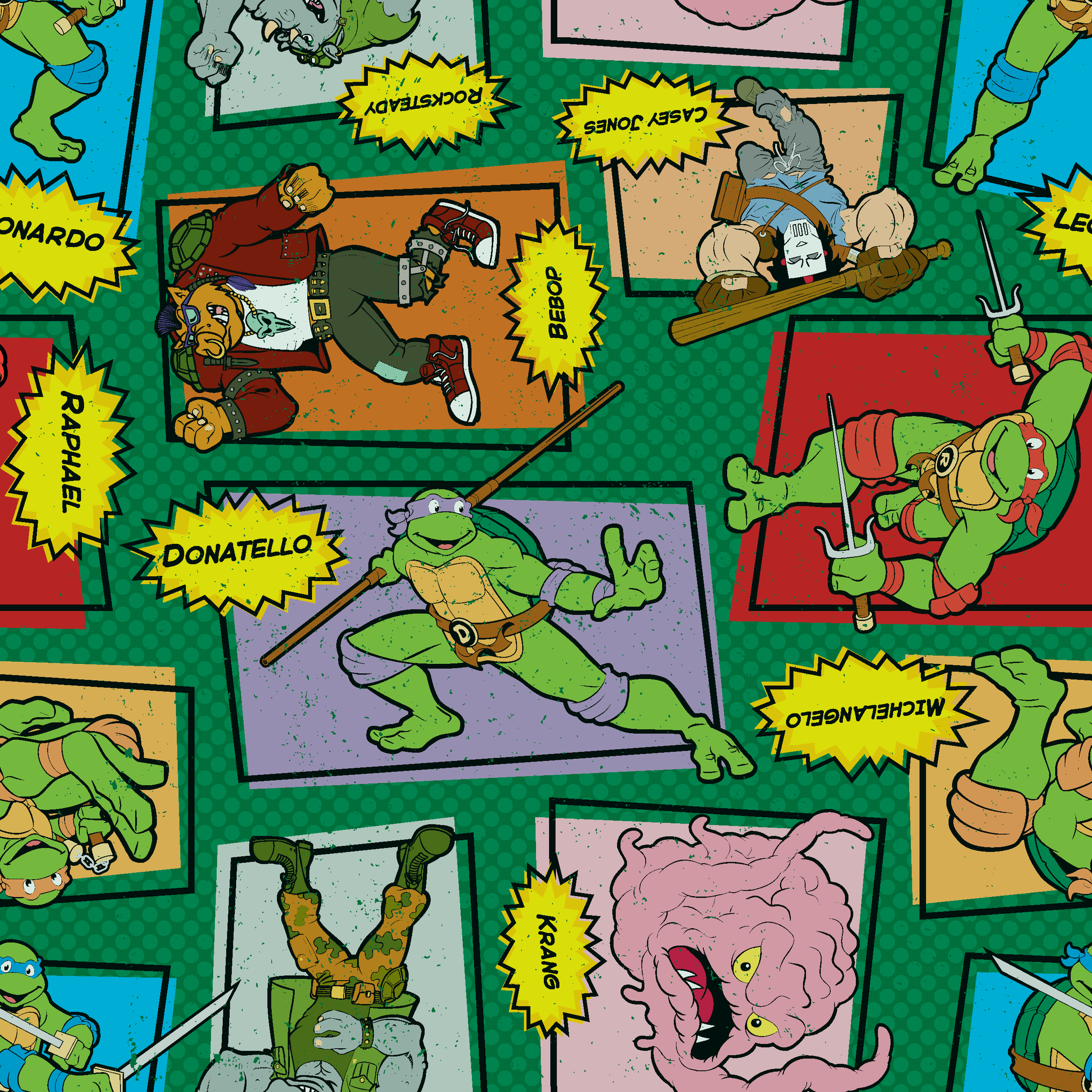 Retro Teenage Mutant Ninja Turtles comic print with turtles, villains, and action words in colorful panels. tiled preview square