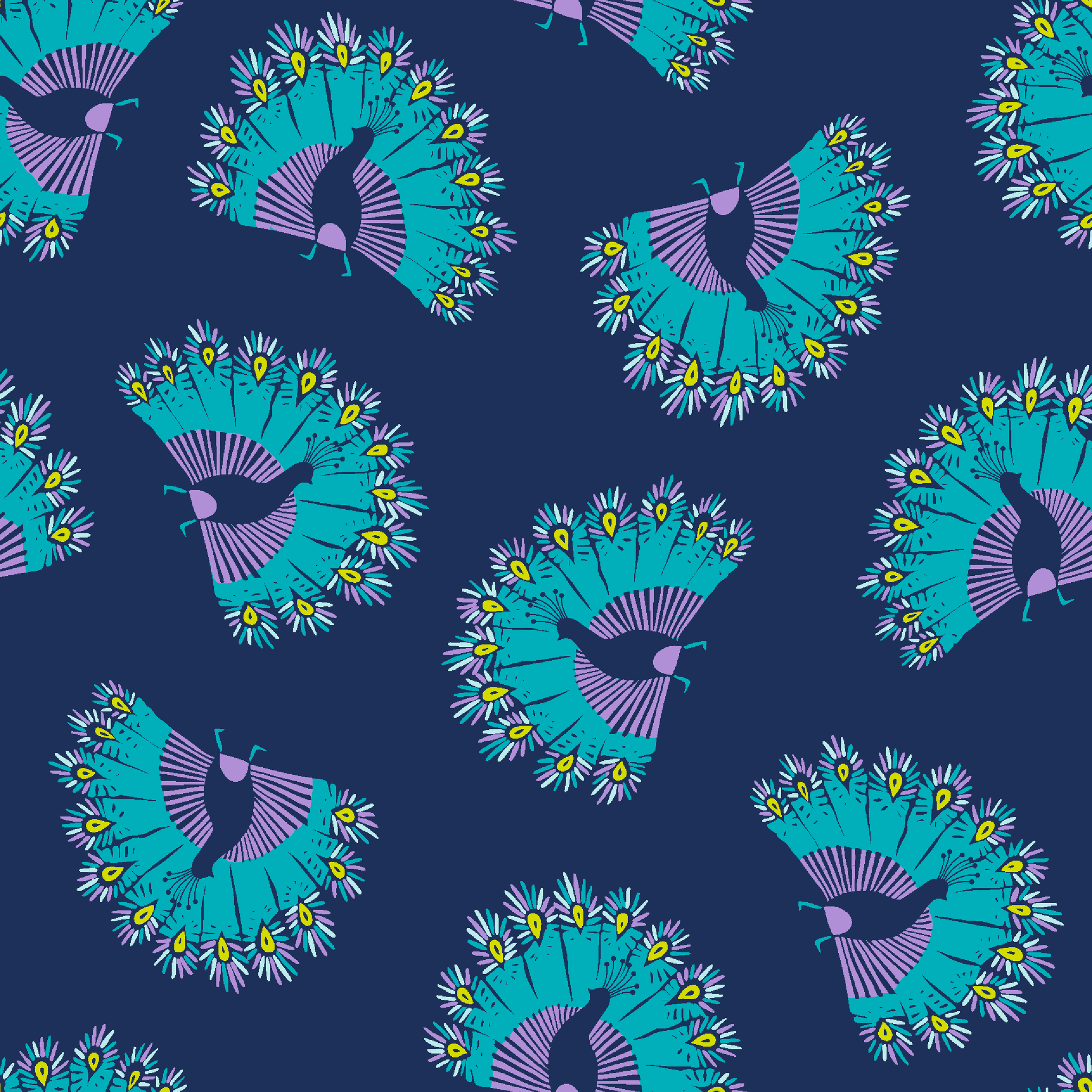 Vibrant peacock-inspired pattern with teal and purple fan shapes on blue background tiled preview square