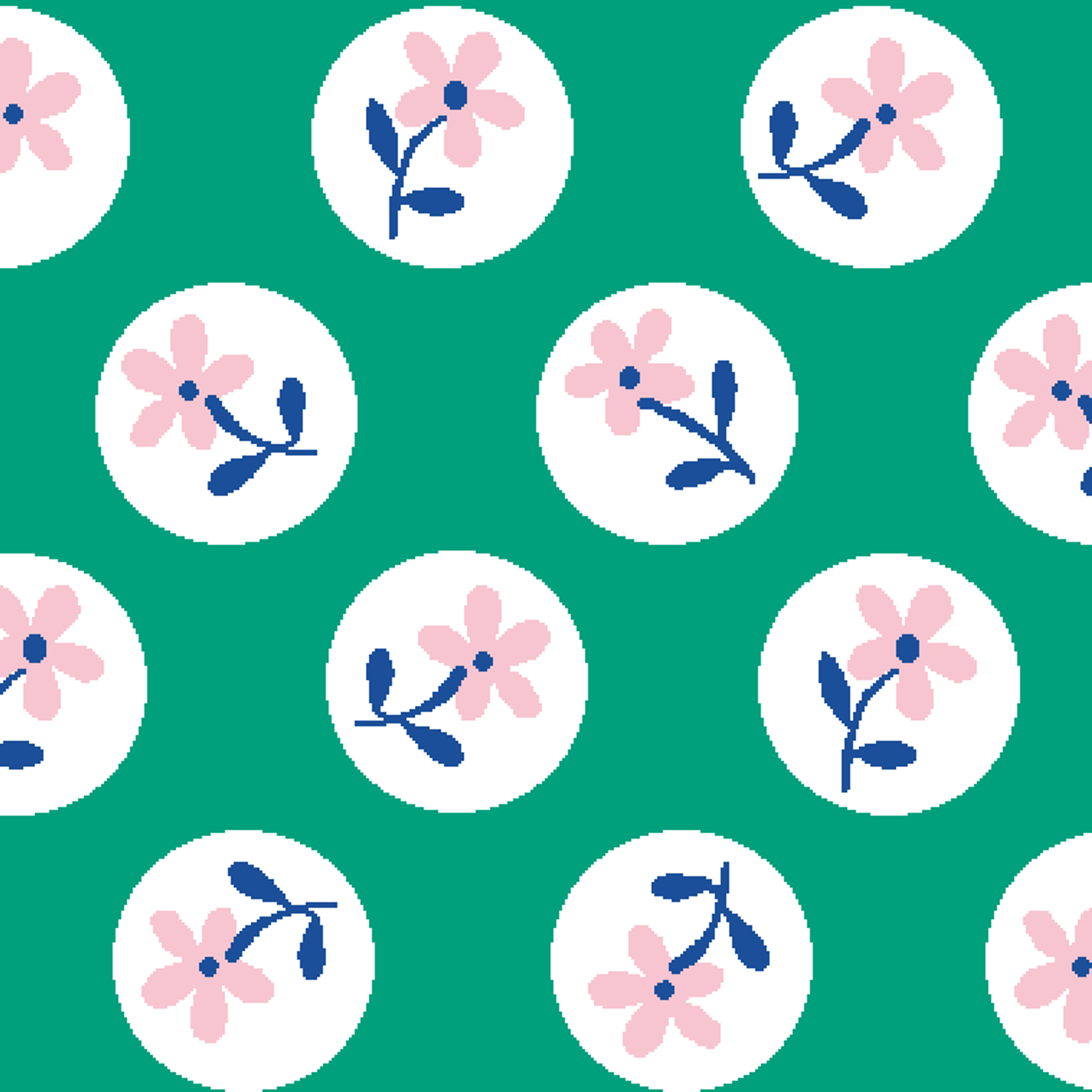 Pink flower motifs with blue stems on white circles against a green background tiled preview square