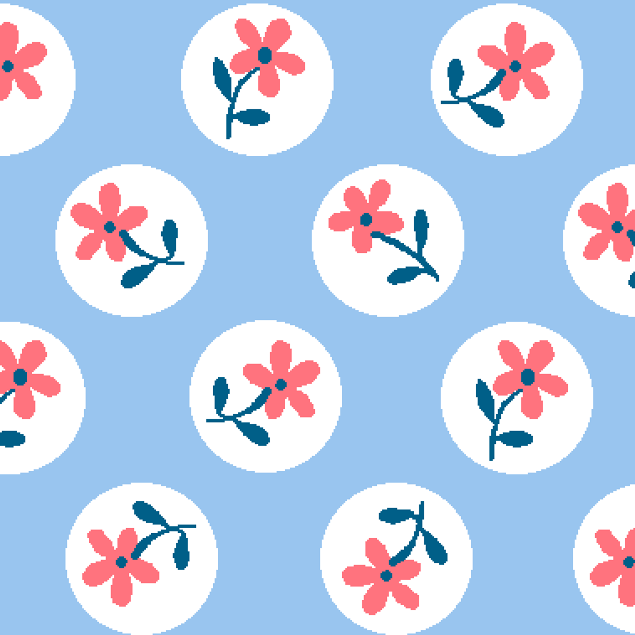 Pink flowers with blue-green stems in white circles on pale blue background, repeating pattern tiled preview square