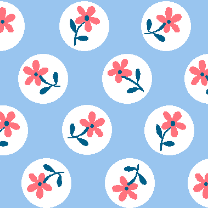 Pink flowers with blue-green stems in white circles on pale blue background, repeating pattern tiled preview square