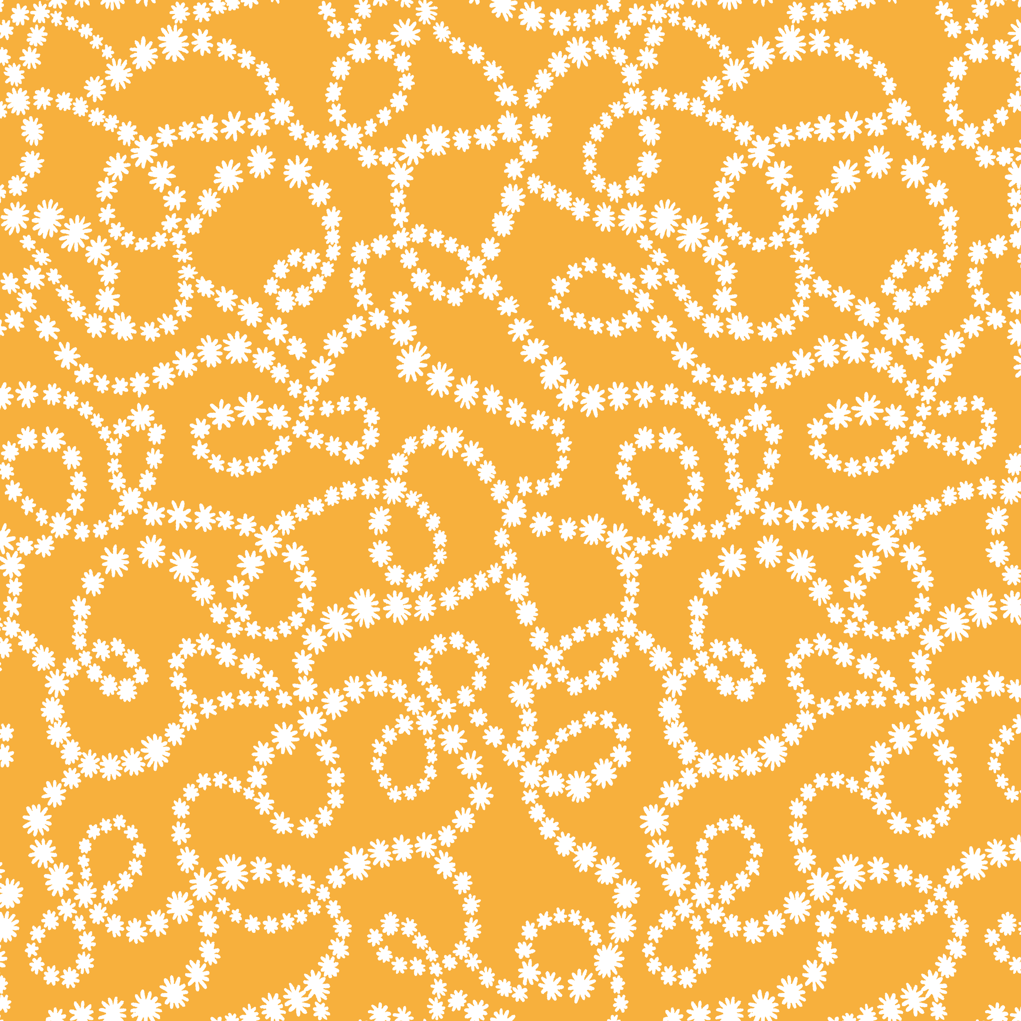 Mustard yellow background with swirling dotted white patterns forming organic circular designs tiled preview square