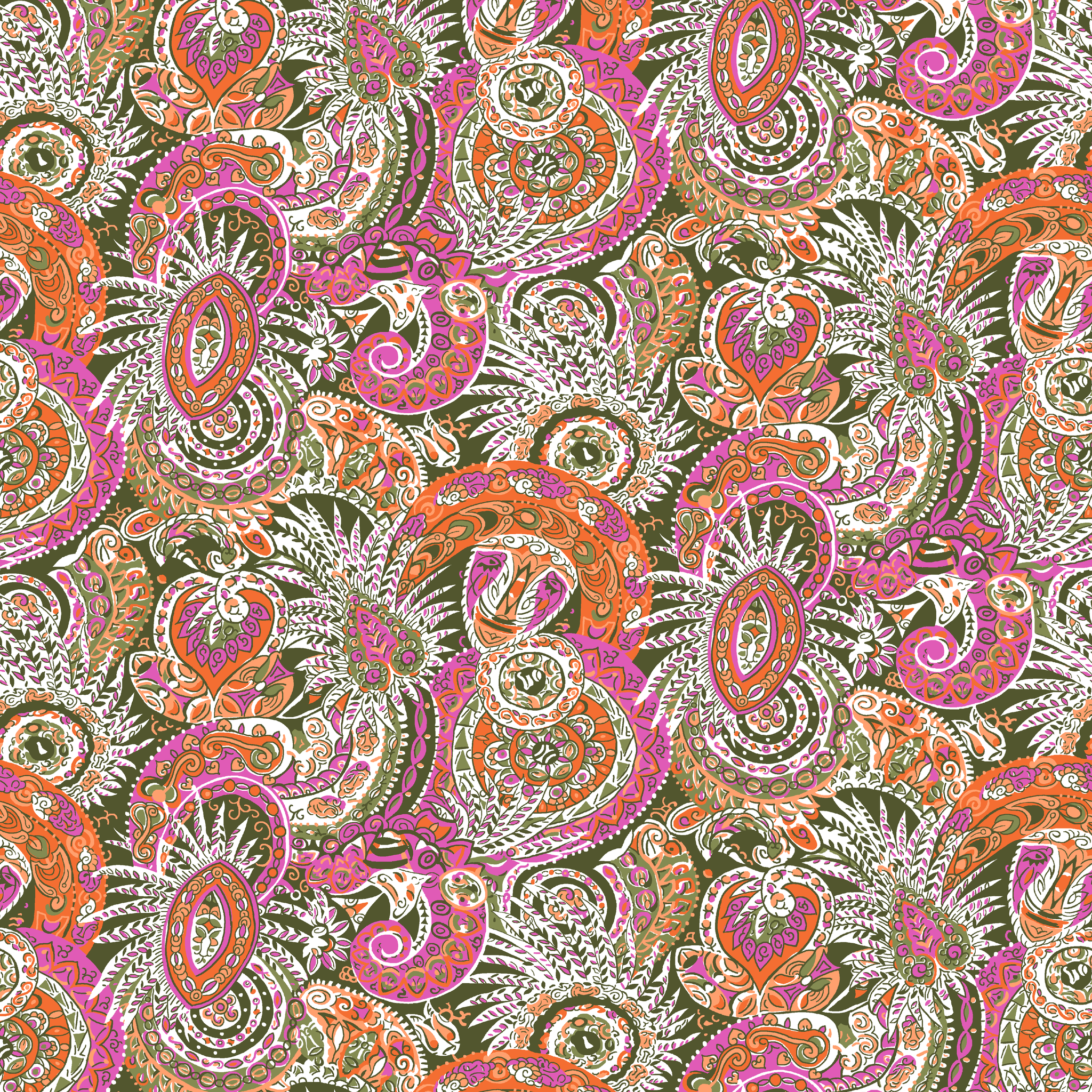 Vibrant paisley pattern with swirling designs in pink, orange, yellow and white on textured background tiled preview square