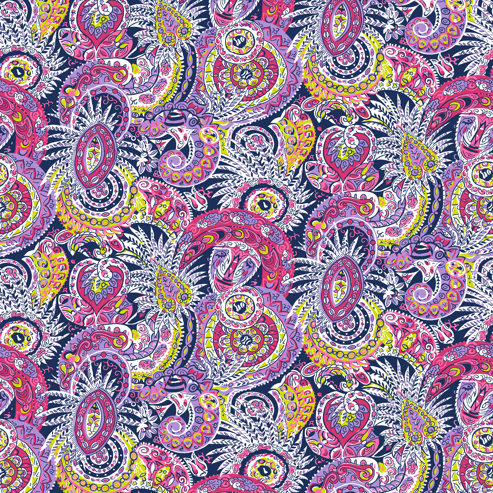 Vibrant paisley pattern in pink, purple, yellow, and blue with intricate swirling designs tiled preview square