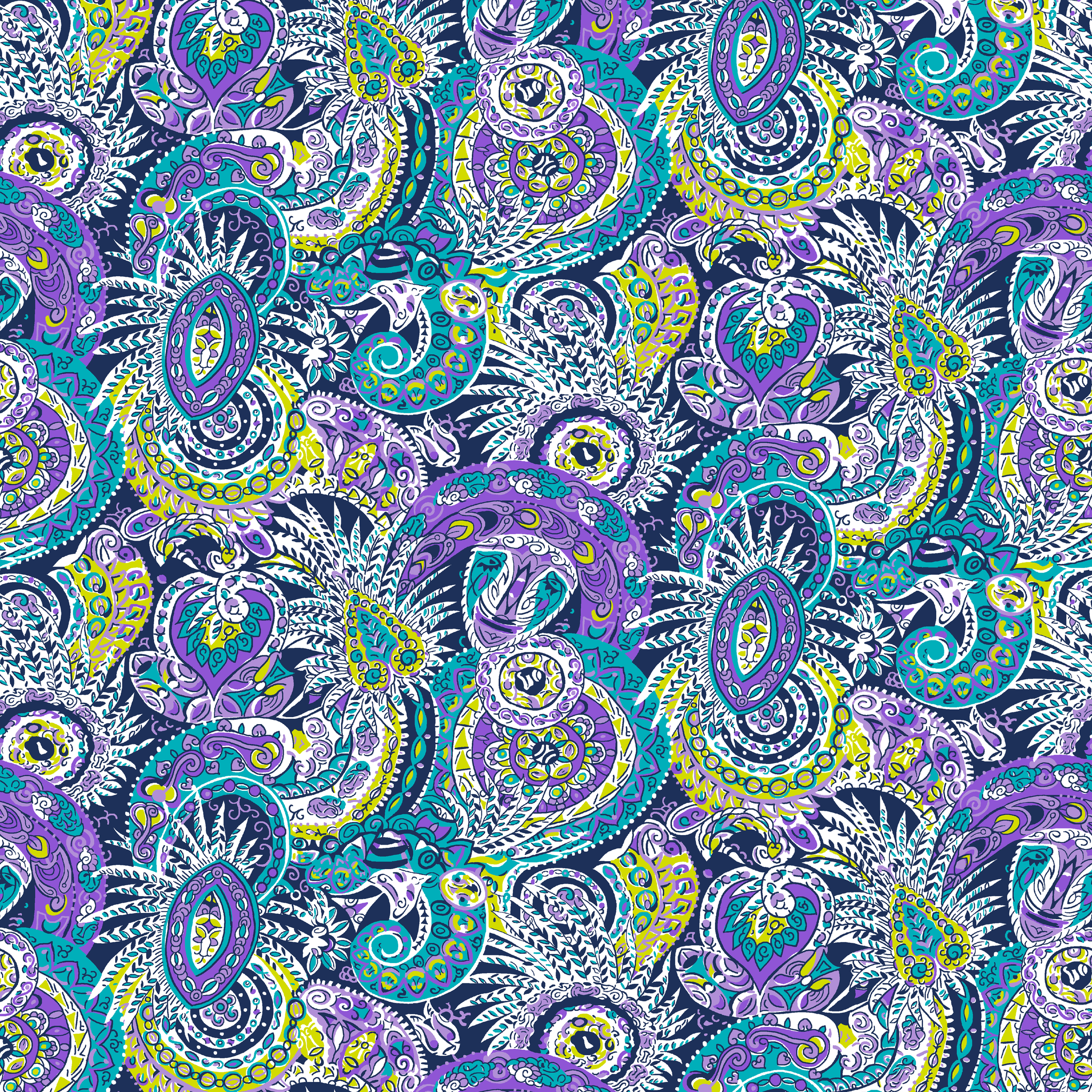 Vibrant paisley pattern with swirling designs in purple, blue, yellow, and white tiled preview square