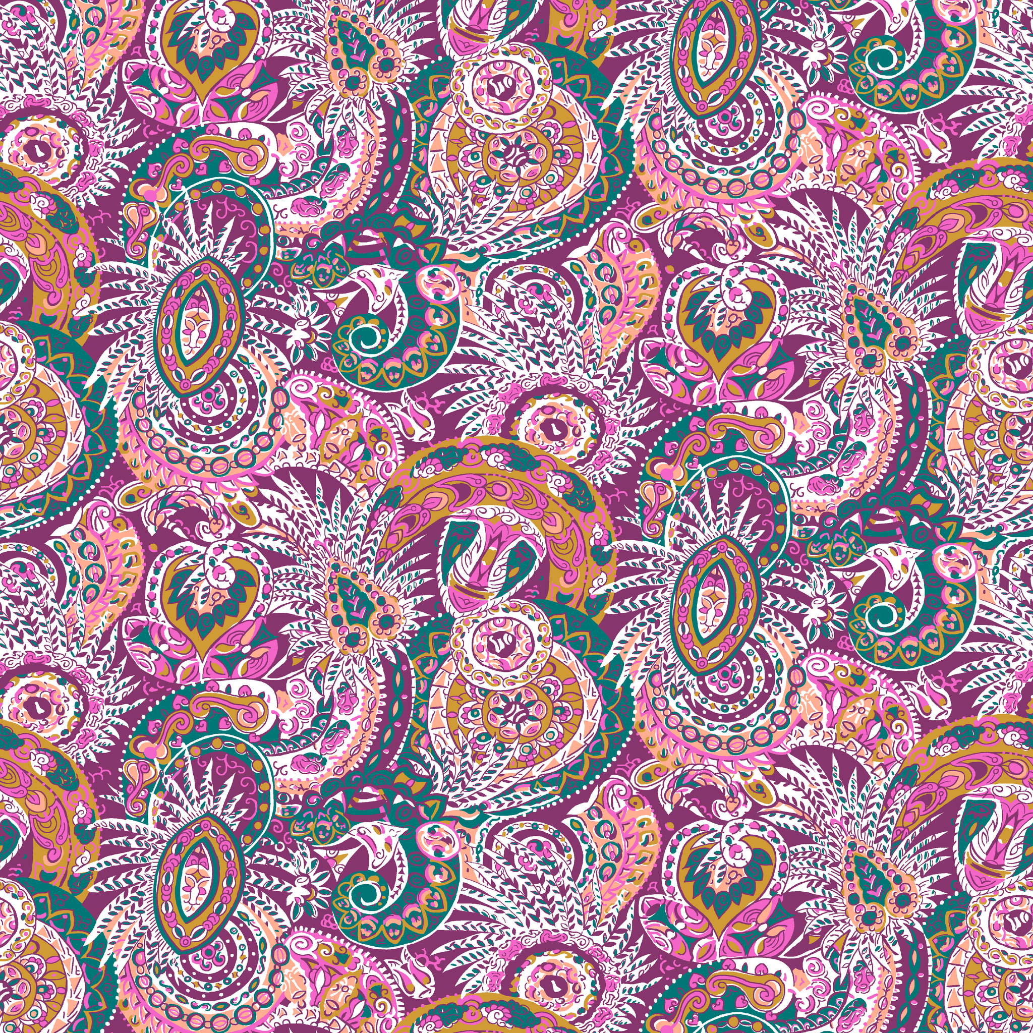 Colorful paisley pattern with intricate swirls in purple, pink, orange, and teal tones tiled preview square