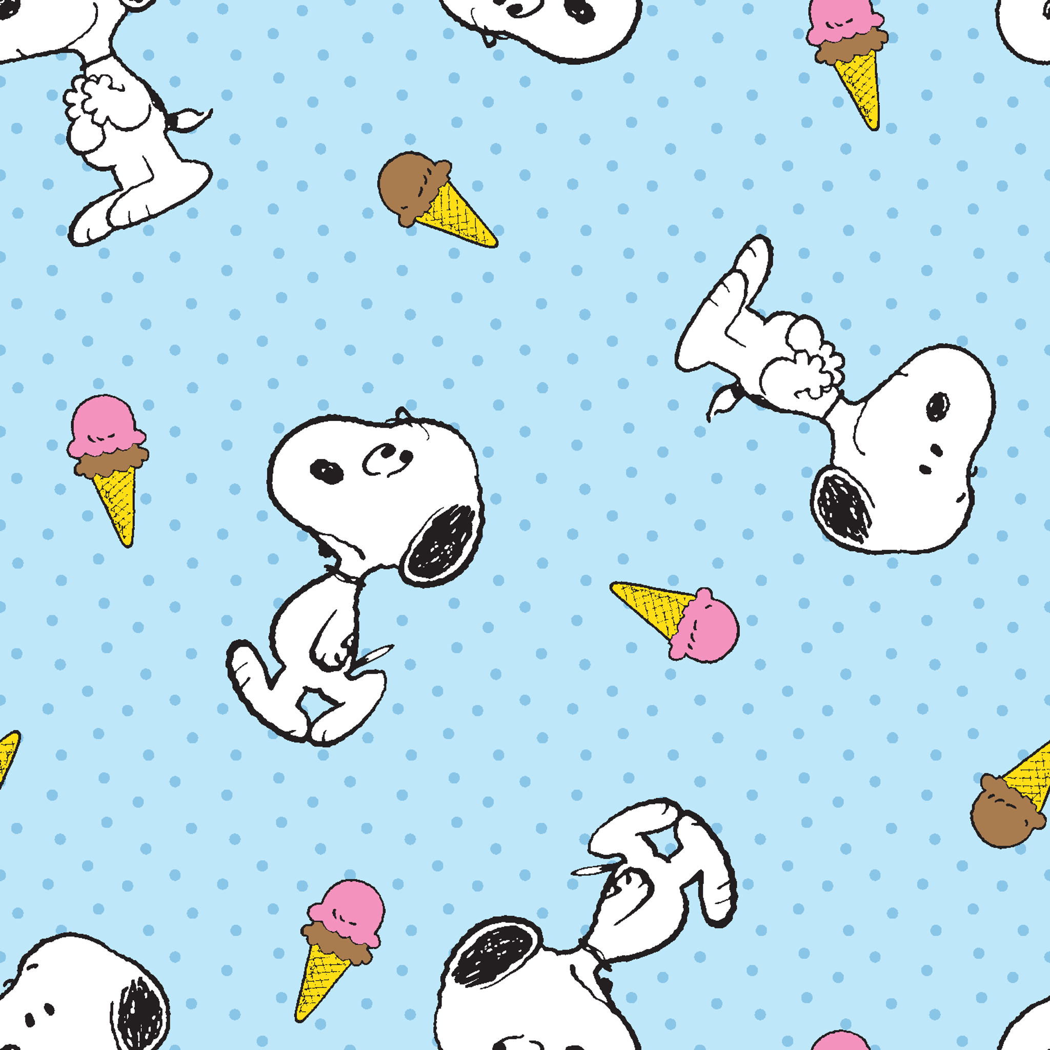 Snoopy pattern on light blue background with ice cream cones and small white dots tiled preview square