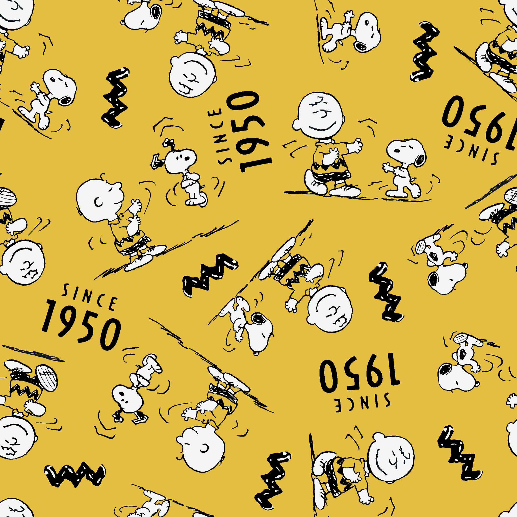 Peanuts cartoon pattern on yellow background with Snoopy and Charlie Brown, "Since 1950" text tiled preview square