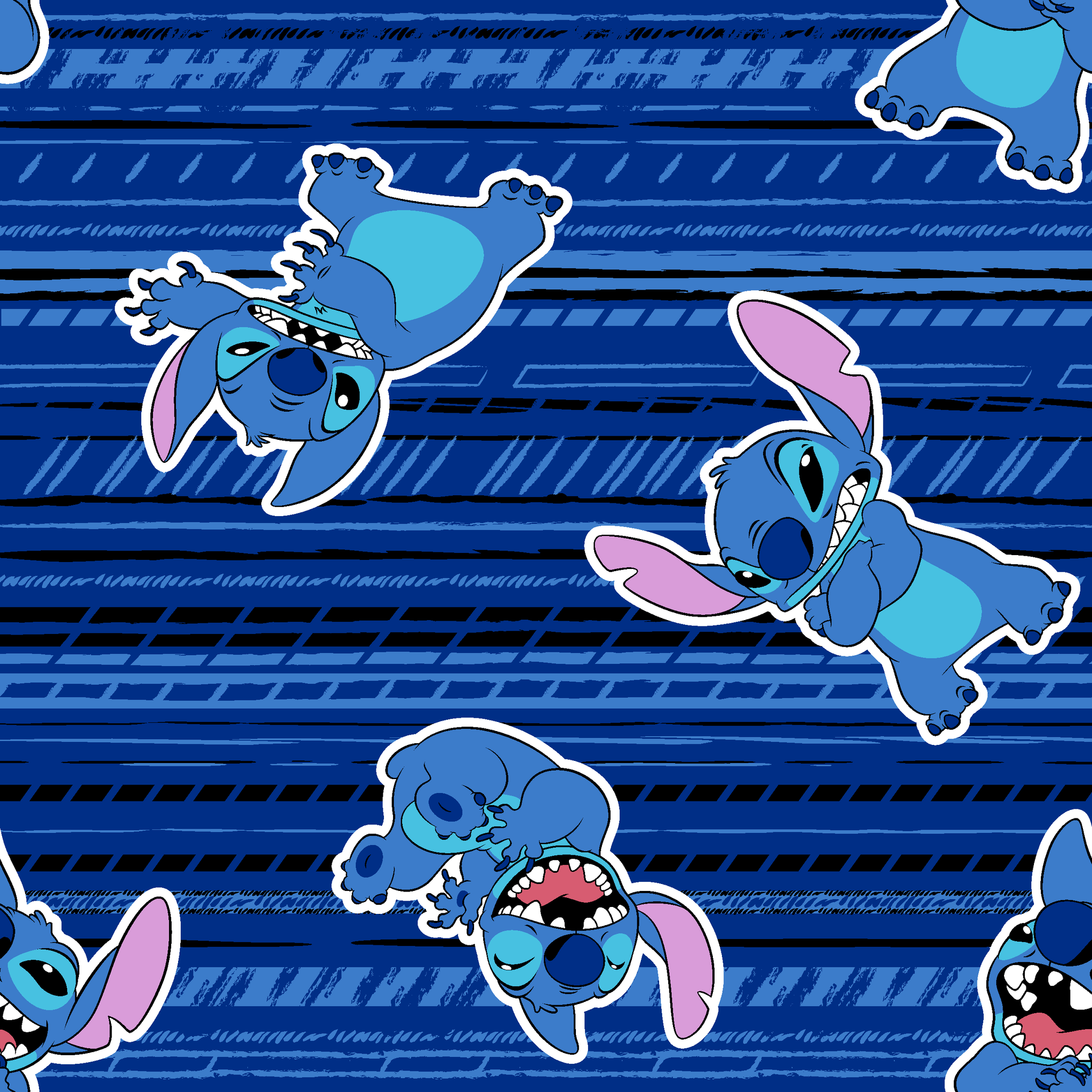 Blue background with Disney Stitch characters in various playful poses, featuring blue fur and pink ears tiled preview square