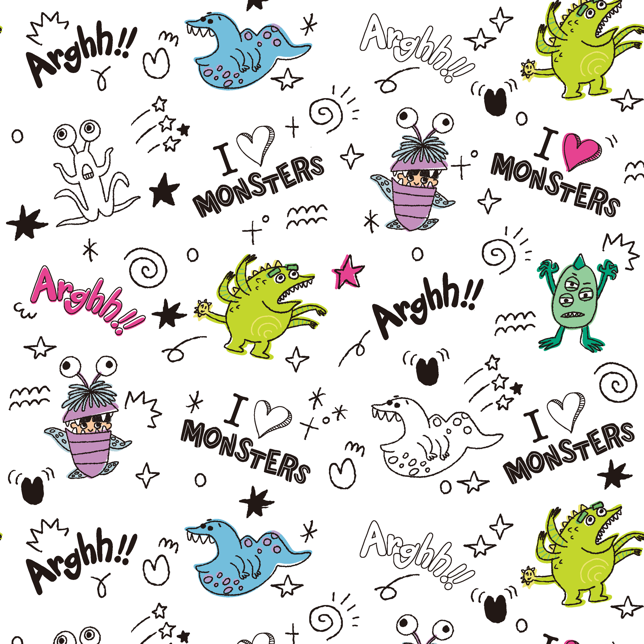 Colorful cartoon monster doodles with "I ♥ MONSTERS" and "Arghh!!" text in playful pattern style tiled preview square