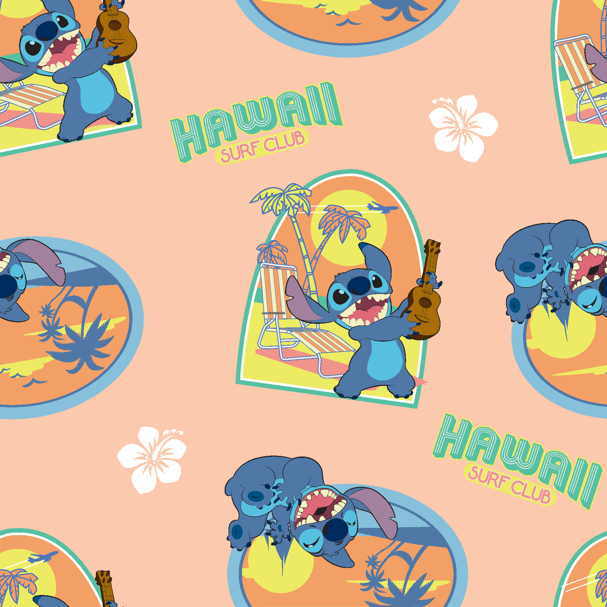 Disney's Stitch character on peach background with Hawaii-themed illustrations featuring surfboards, ukulele, and tropical imagery tiled preview square