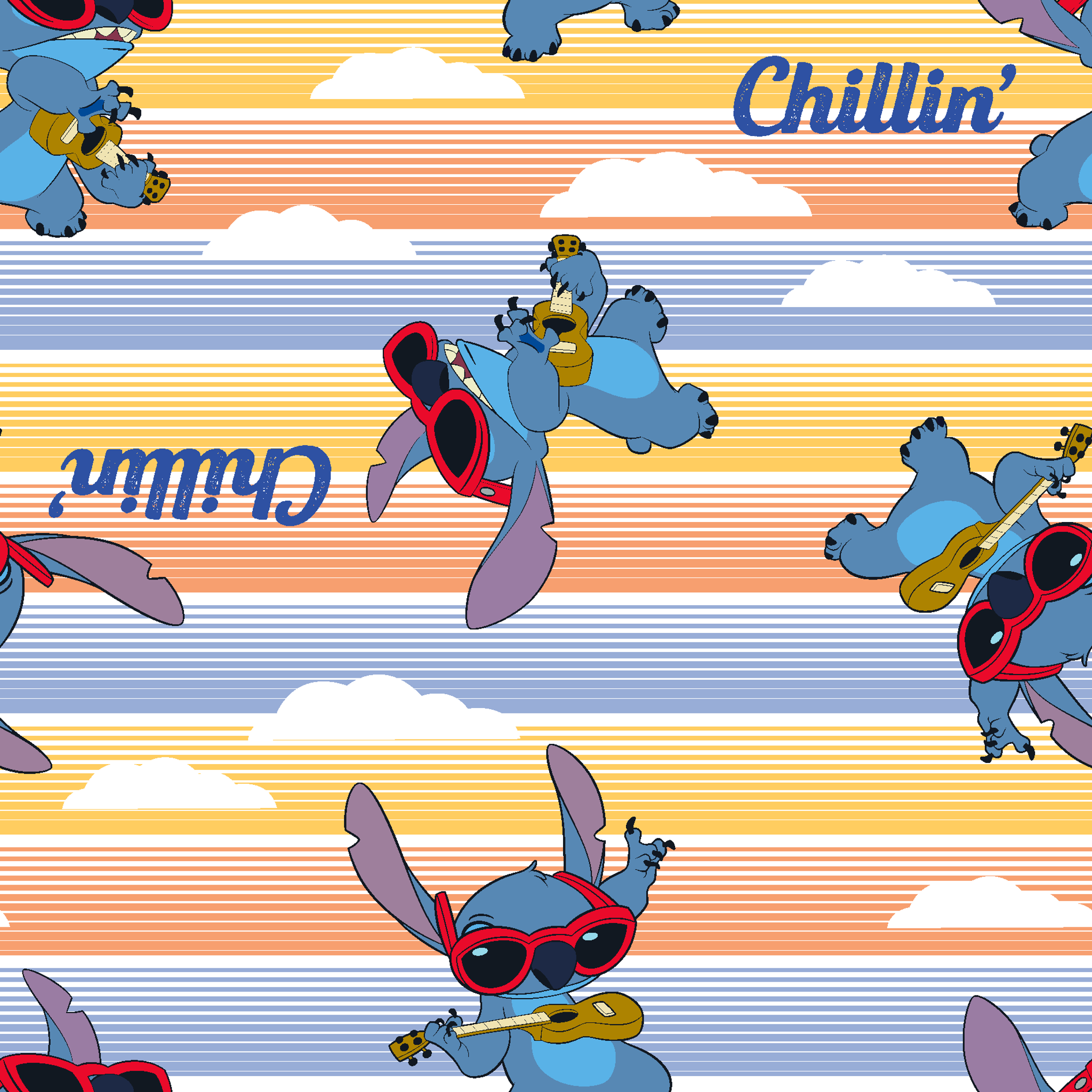 Stitch cartoon character pattern on striped yellow and blue background with "Chillin'" text tiled preview square