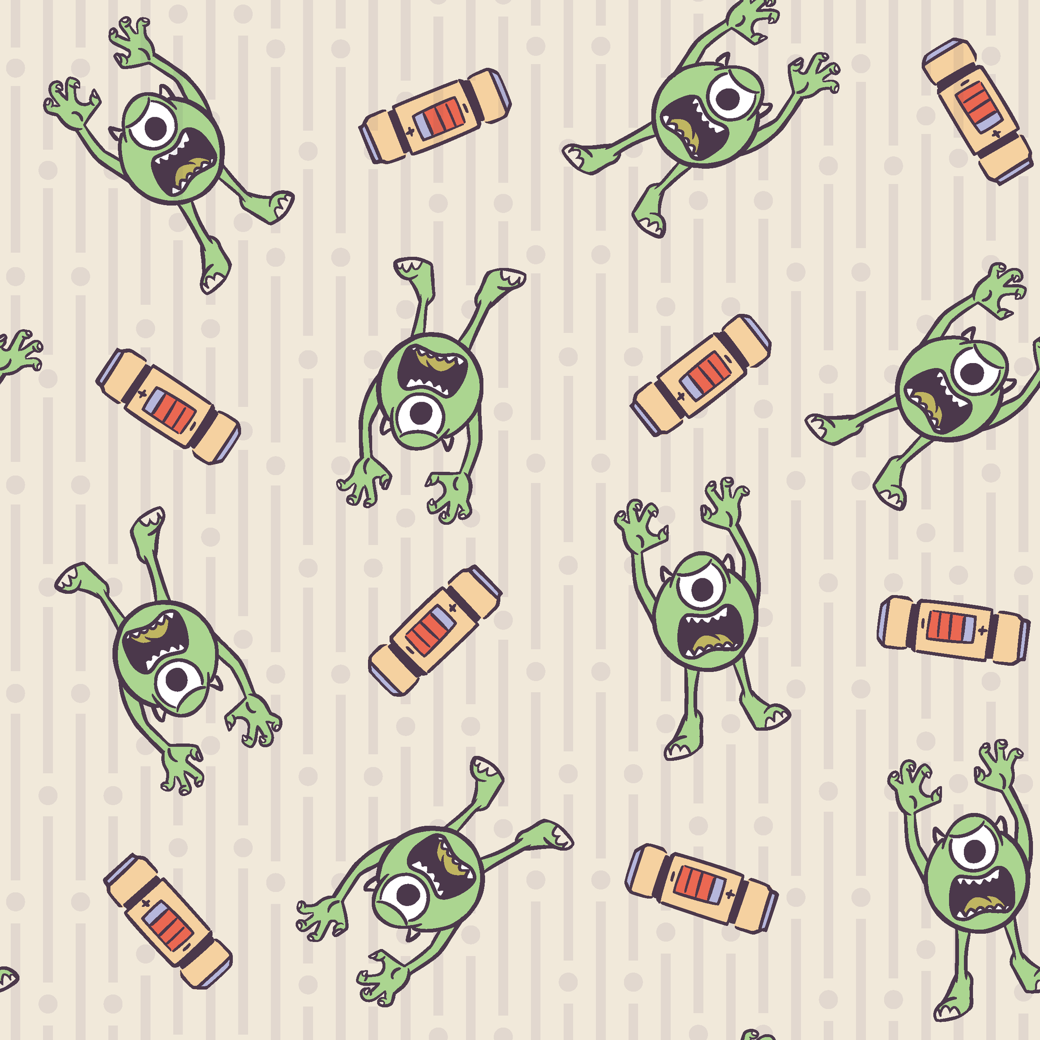 Cartoon Mike Wazowski pattern on light striped background tiled preview square