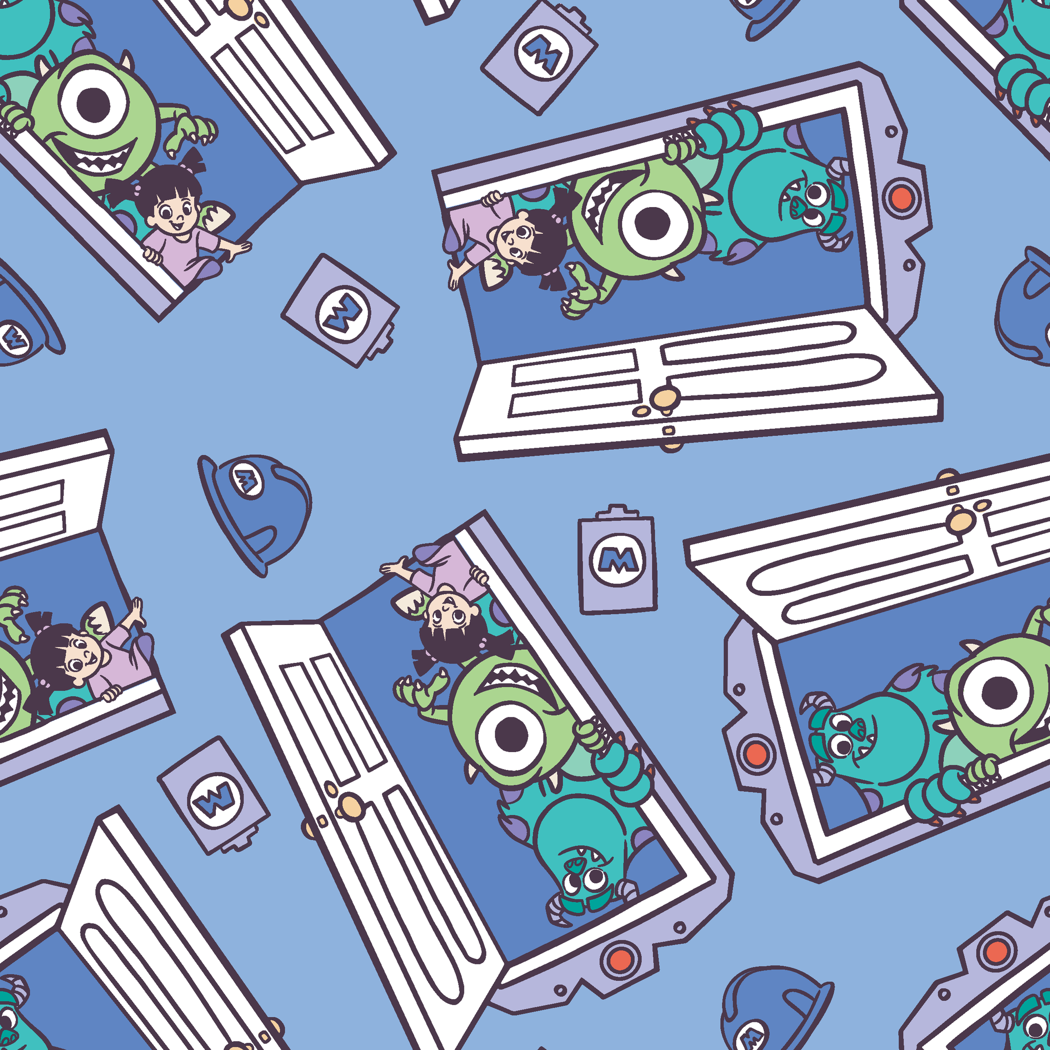 Monsters Inc characters Mike and Sully peeking through doorways on blue background pattern tiled preview square