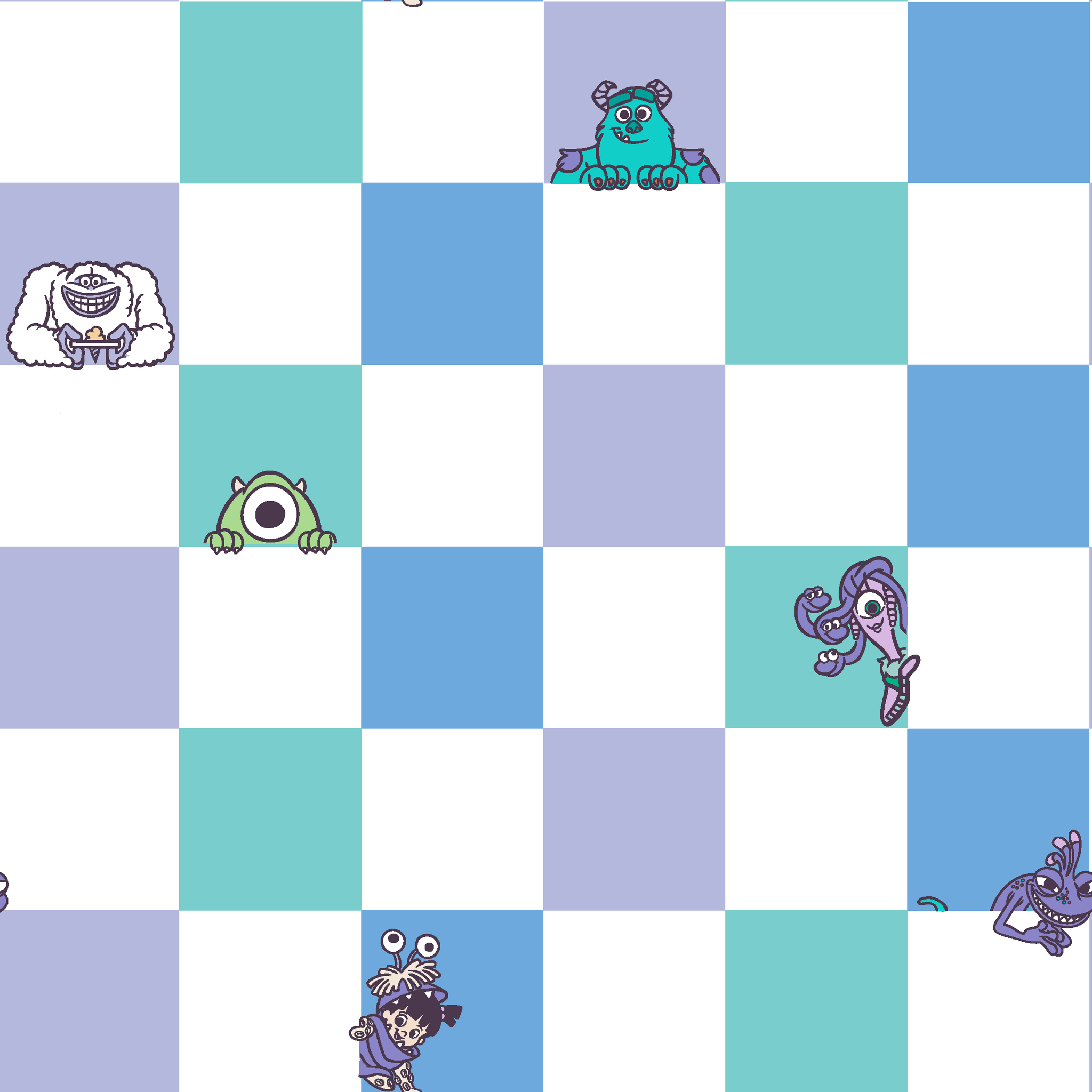 Monsters Inc characters on a checkered pattern of white, mint green, light purple, and blue squares tiled preview square