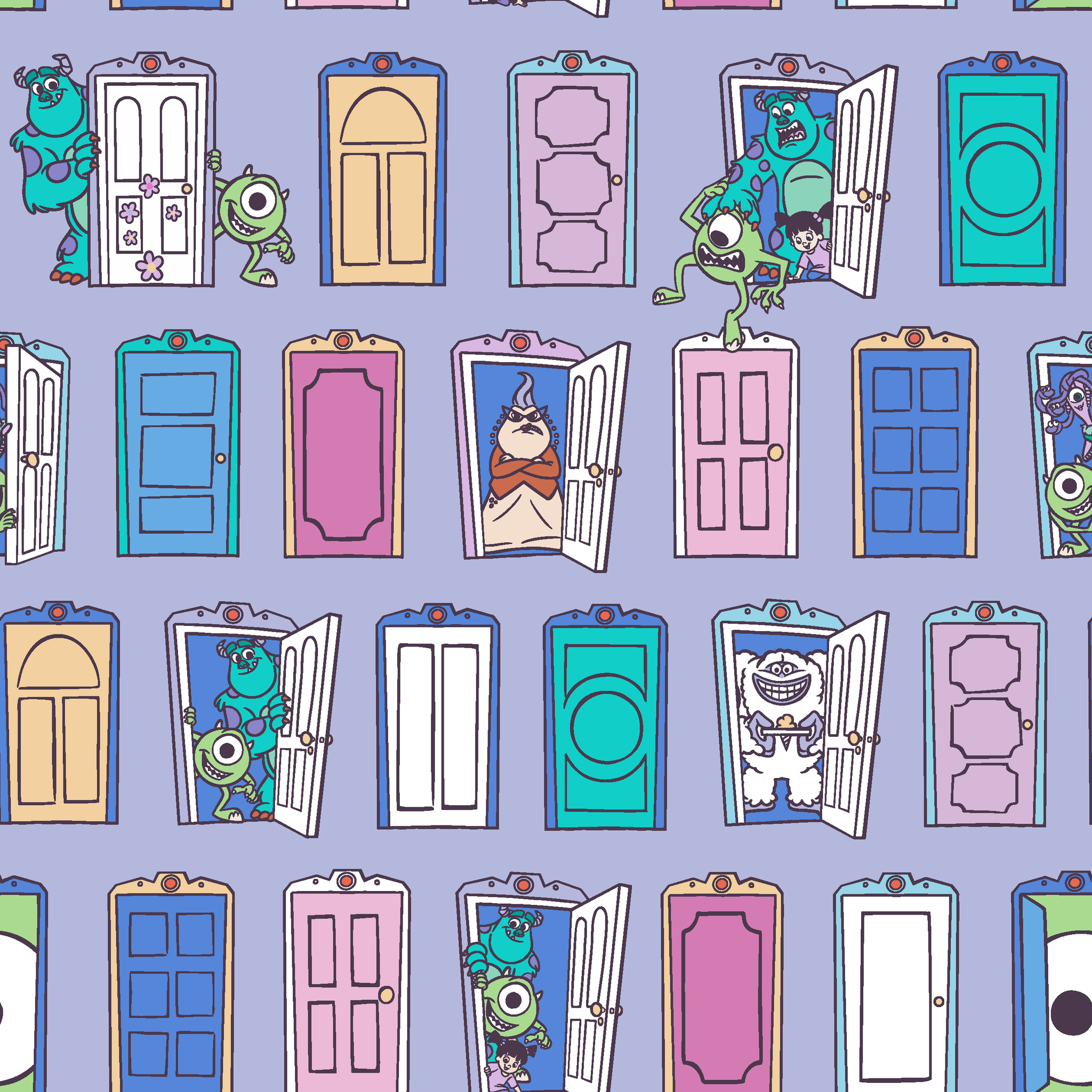 Colorful pattern of cartoon monster characters peeking through various doors in purple, blue, pink, and green on a lavender background. tiled preview square