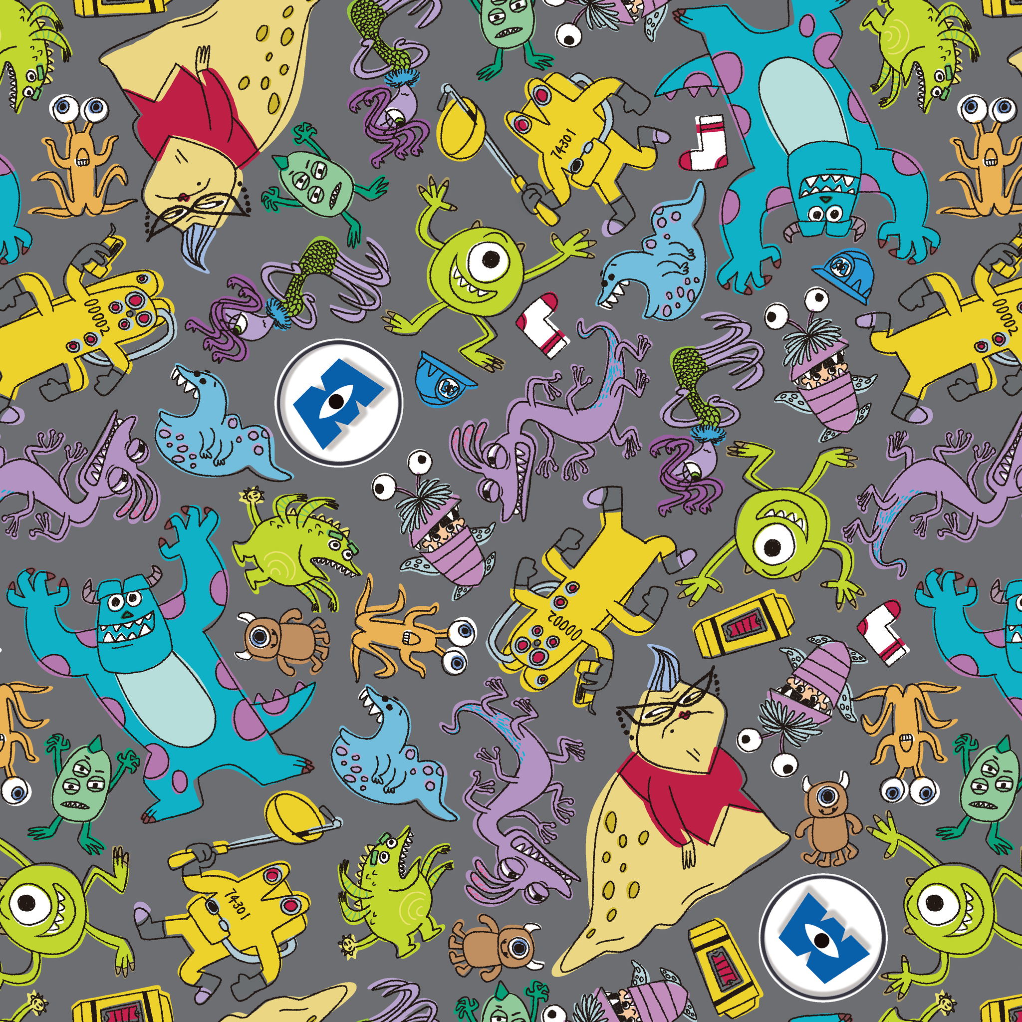 Colorful Monsters Inc pattern with various whimsical creatures in yellow, blue, green, and purple on a gray background. tiled preview square