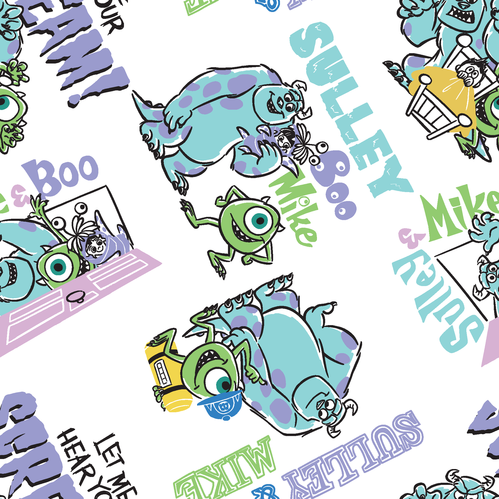 Monsters Inc pattern with Sulley and Mike characters in blue and green, with text like "Boo" and "Monsters" scattered throughout. tiled preview square