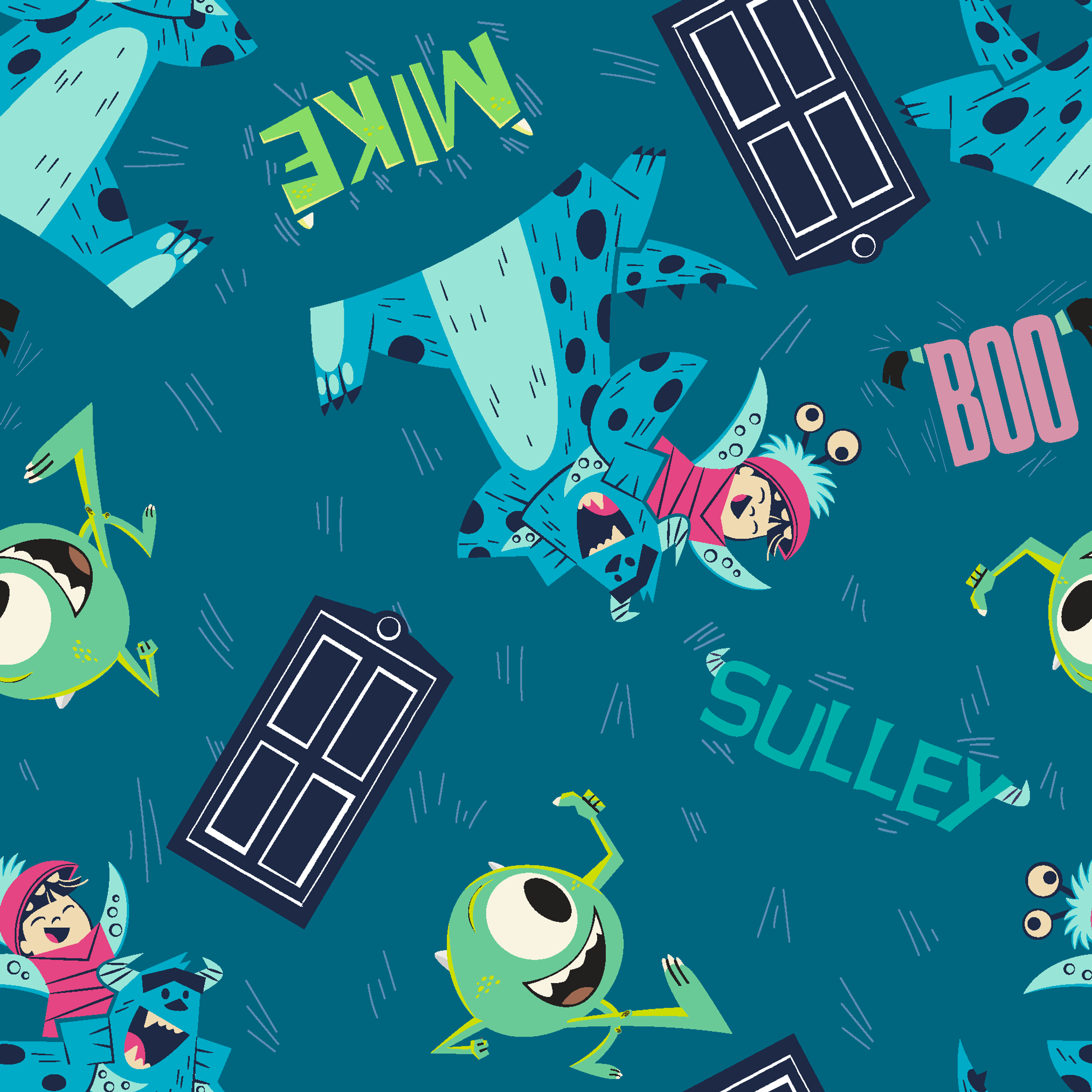 Monsters Inc pattern with Mike, Sulley, Boo characters, and doors on teal background tiled preview square