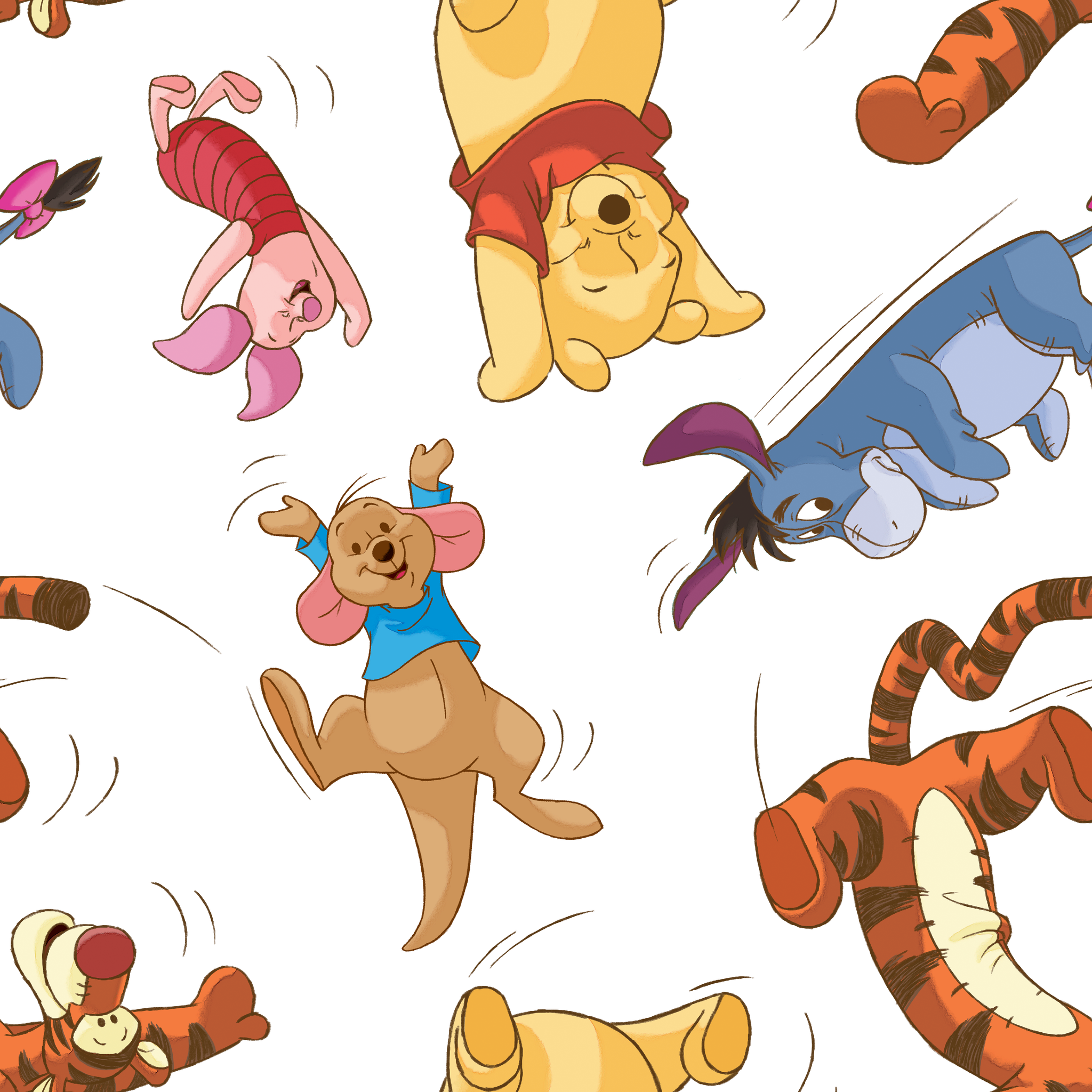 Colorful pattern featuring Winnie the Pooh characters jumping and bouncing on white background tiled preview square