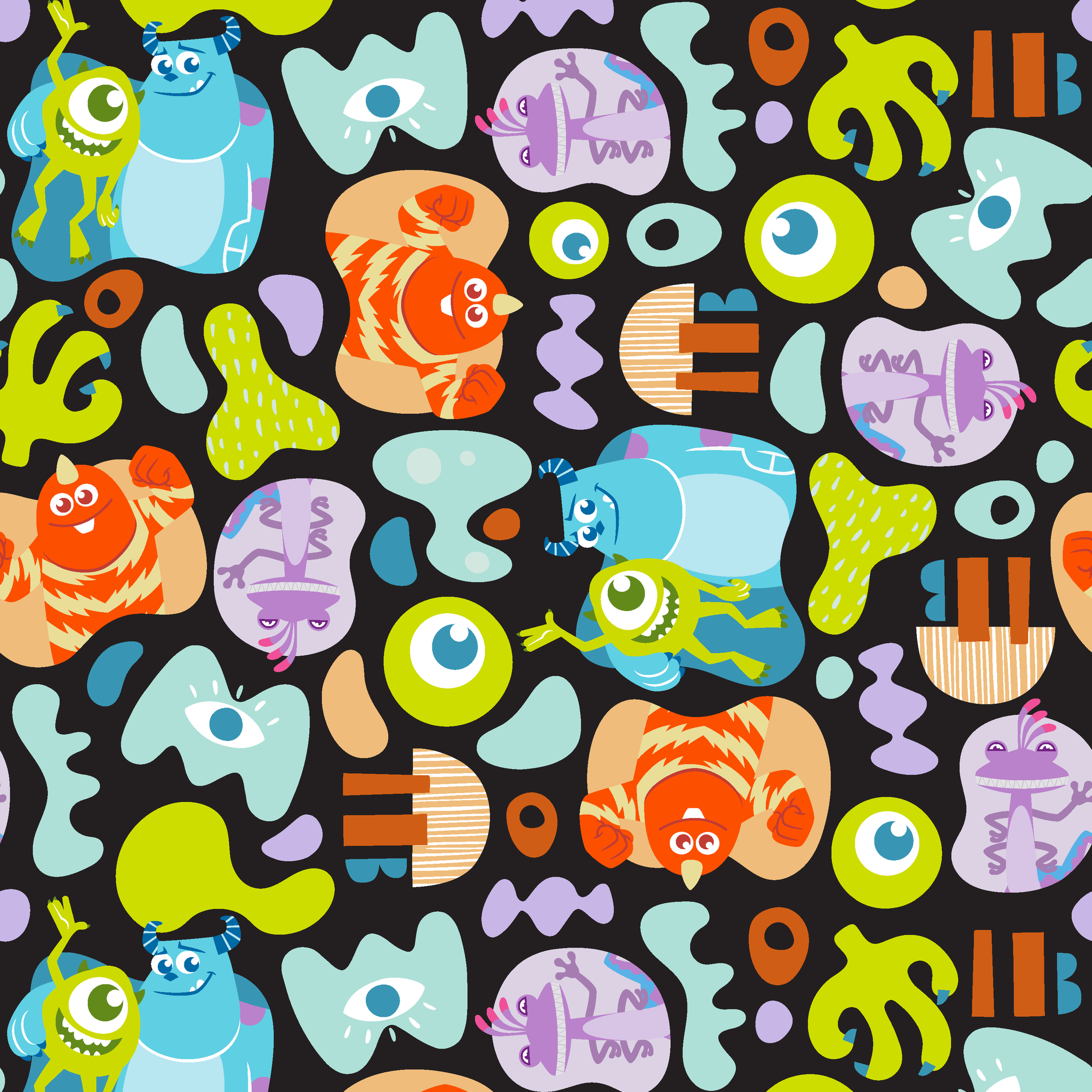 Colorful Monsters Inc pattern with Mike, Sulley and other characters on black background tiled preview square