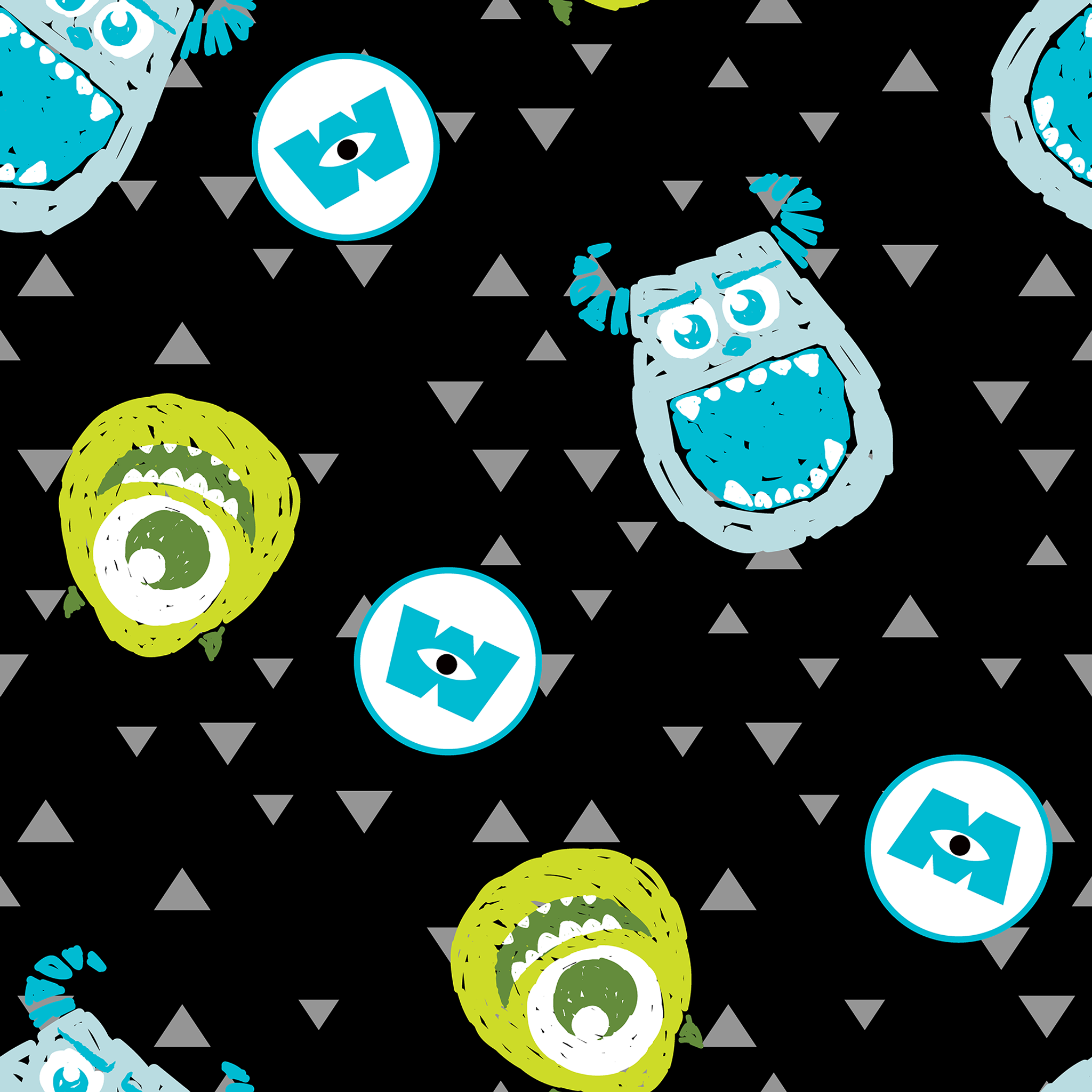 Monsters Inc pattern with Mike and Sulley on black background with gray triangles tiled preview square