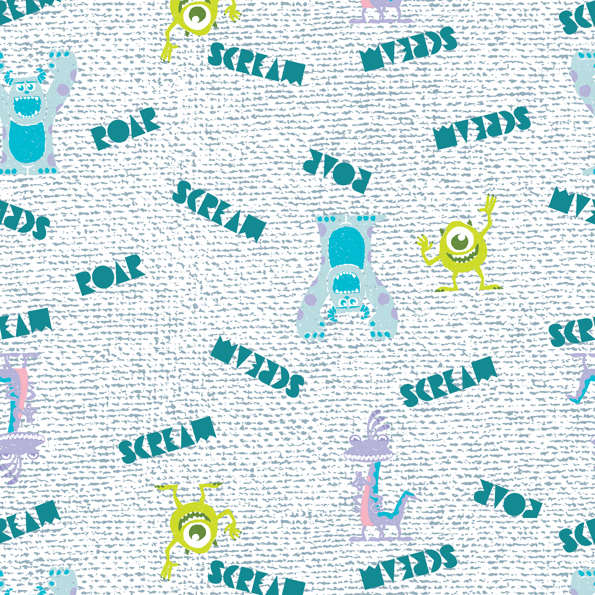 Monsters Inc pattern with teal "SCREAM" text, Mike Wazowski and Sulley on light textured background tiled preview square