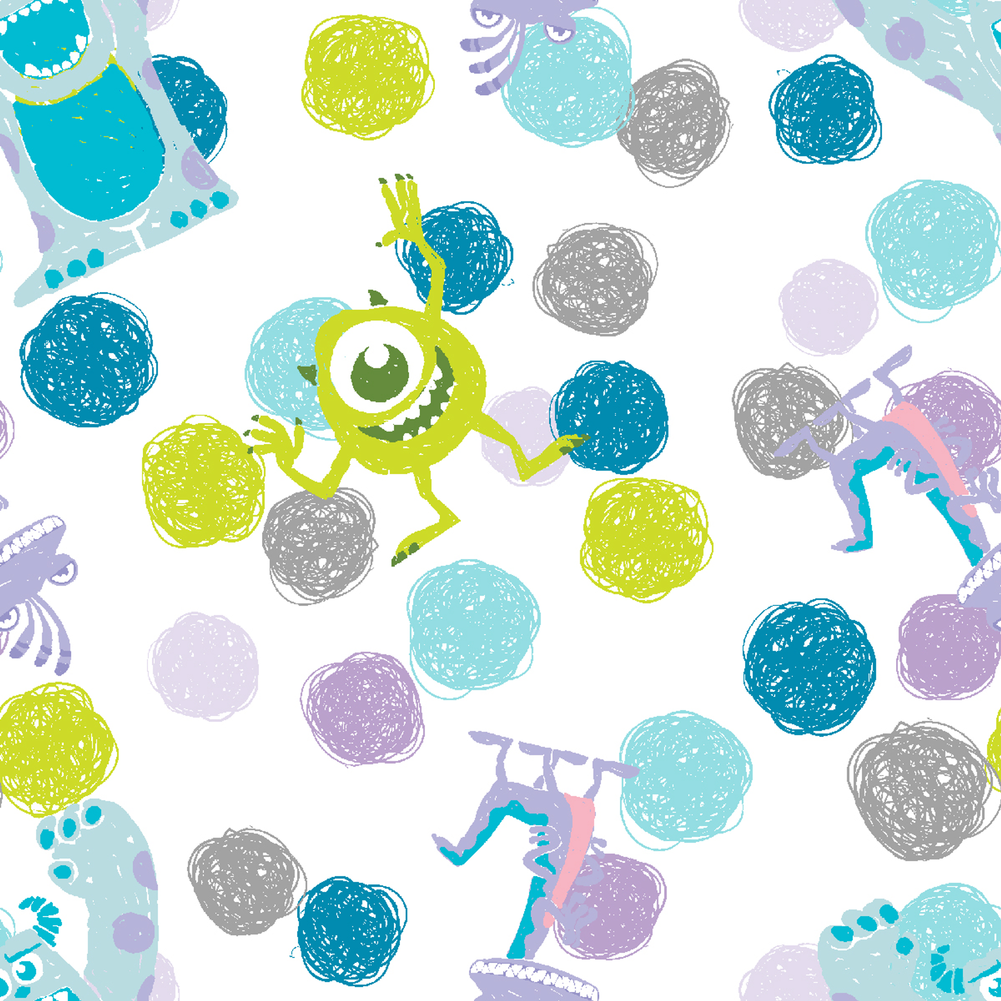 Colorful pattern featuring cartoon monsters with polka dots in blue, green, and purple on white background tiled preview square